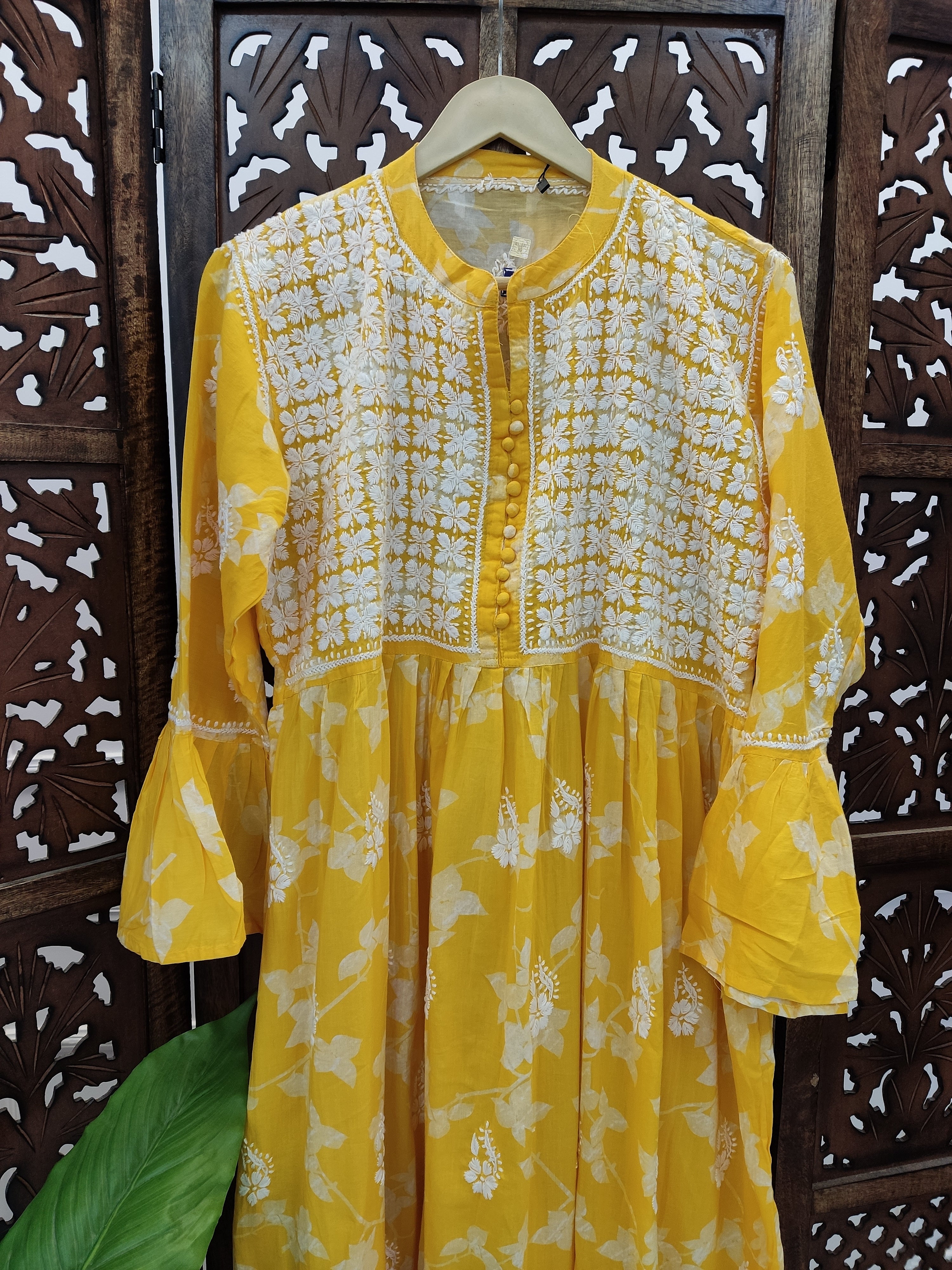 Yellow Mulmul Printed Chikankari Kurti