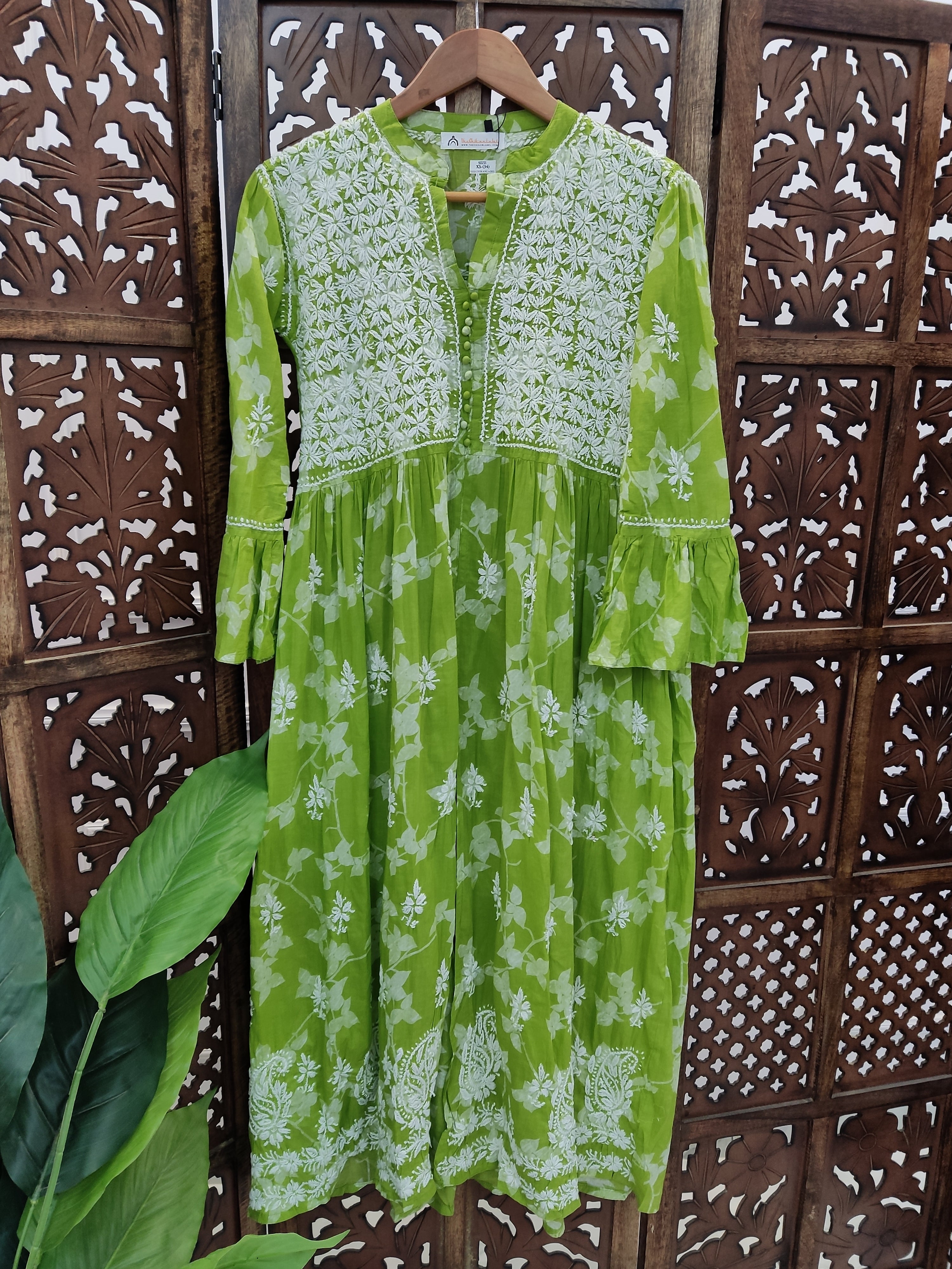 Green Mulmul Printed Chikankari Kurti