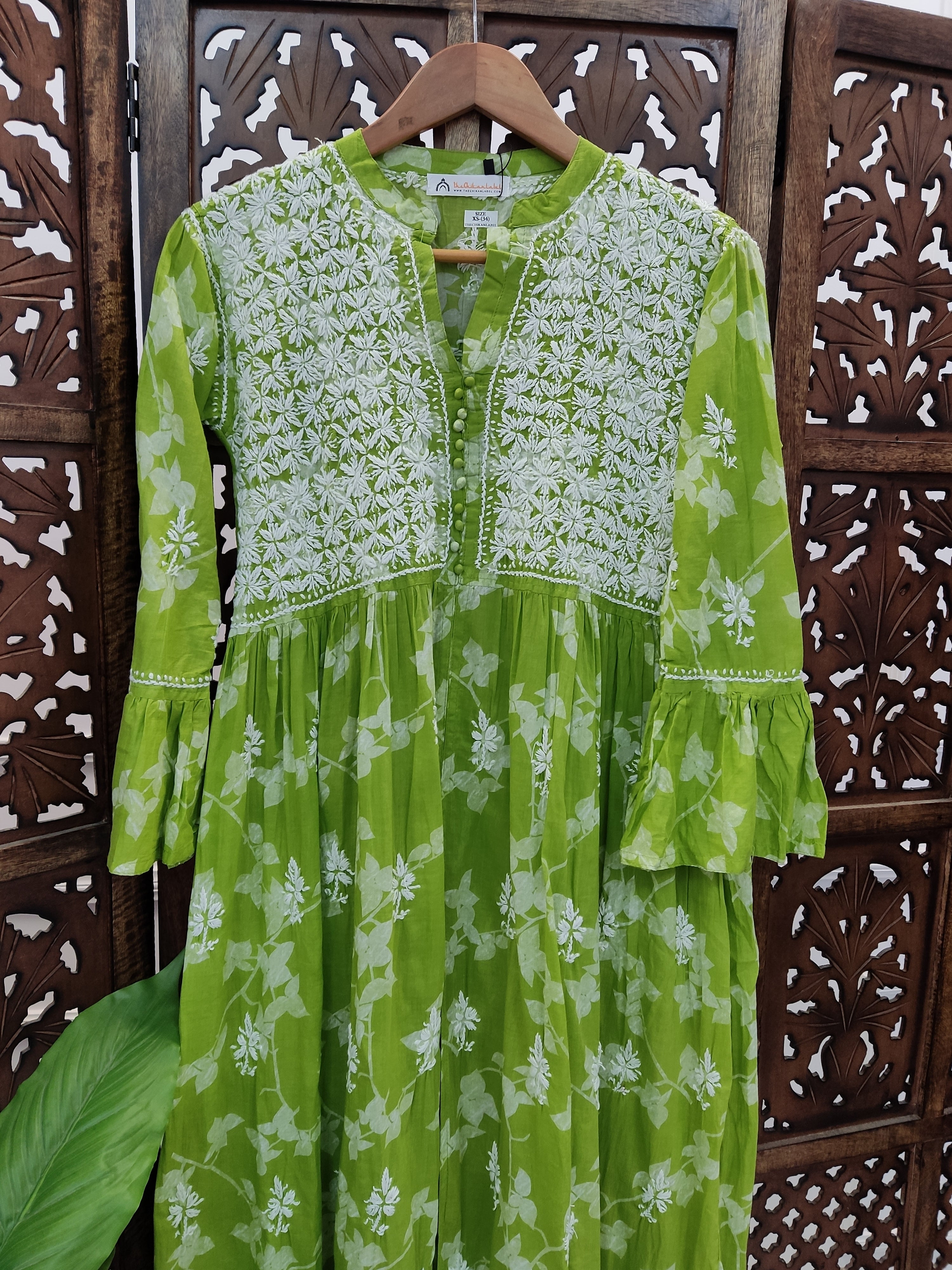 Green Mulmul Printed Chikankari Kurti