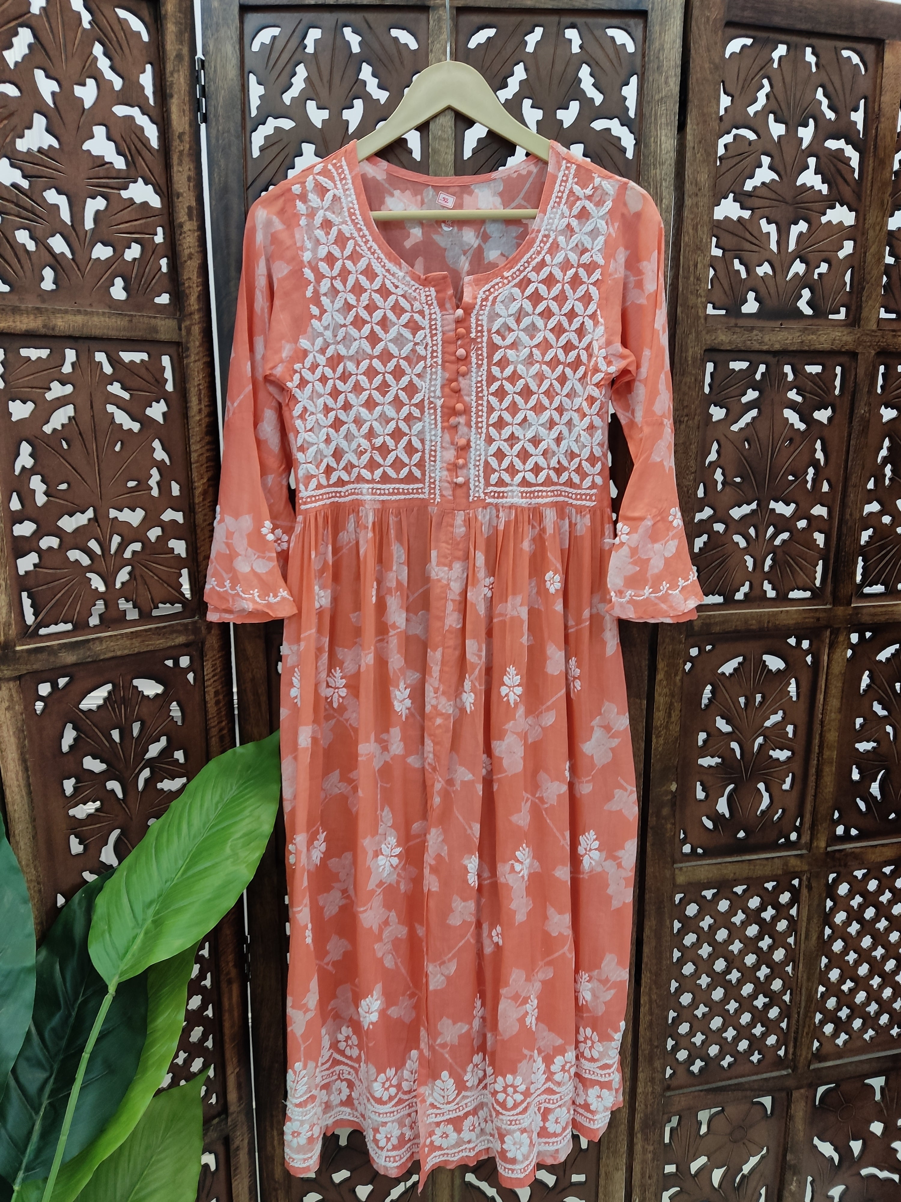 Peach Mulmul Printed Chikankari Kurti