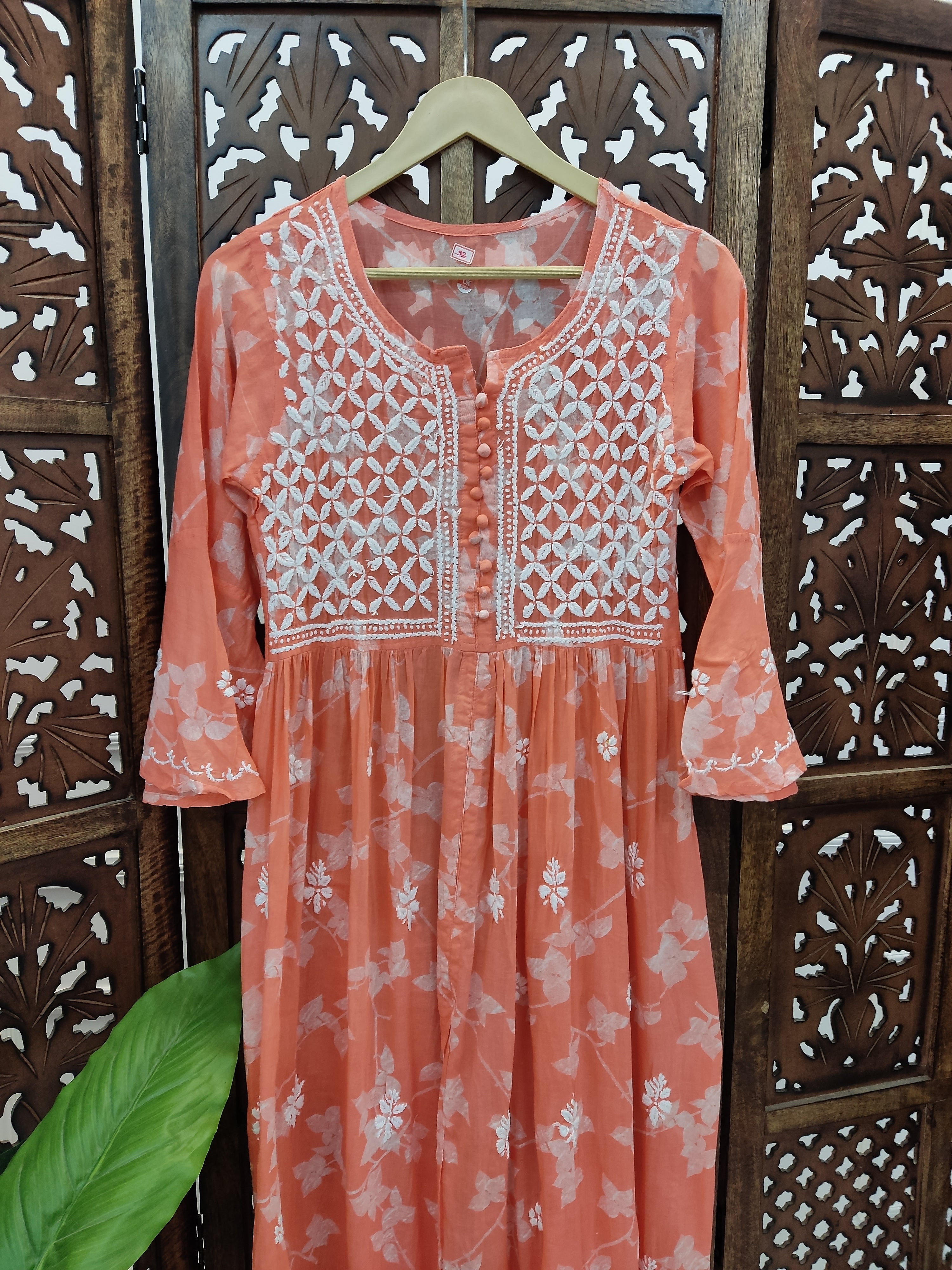 Peach Mulmul Printed Chikankari Kurti