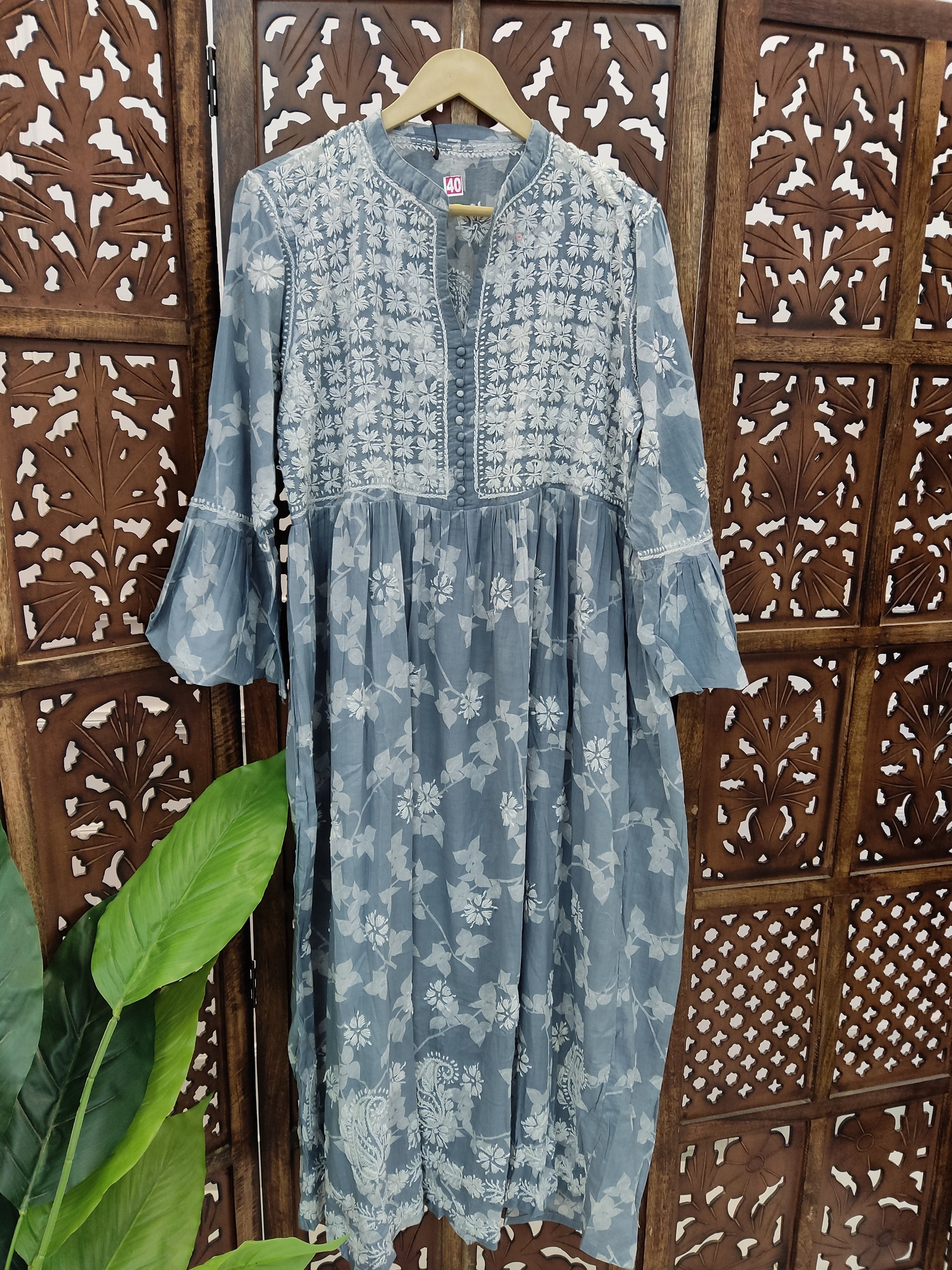 Grey Mulmul Printed Chikankari Kurti