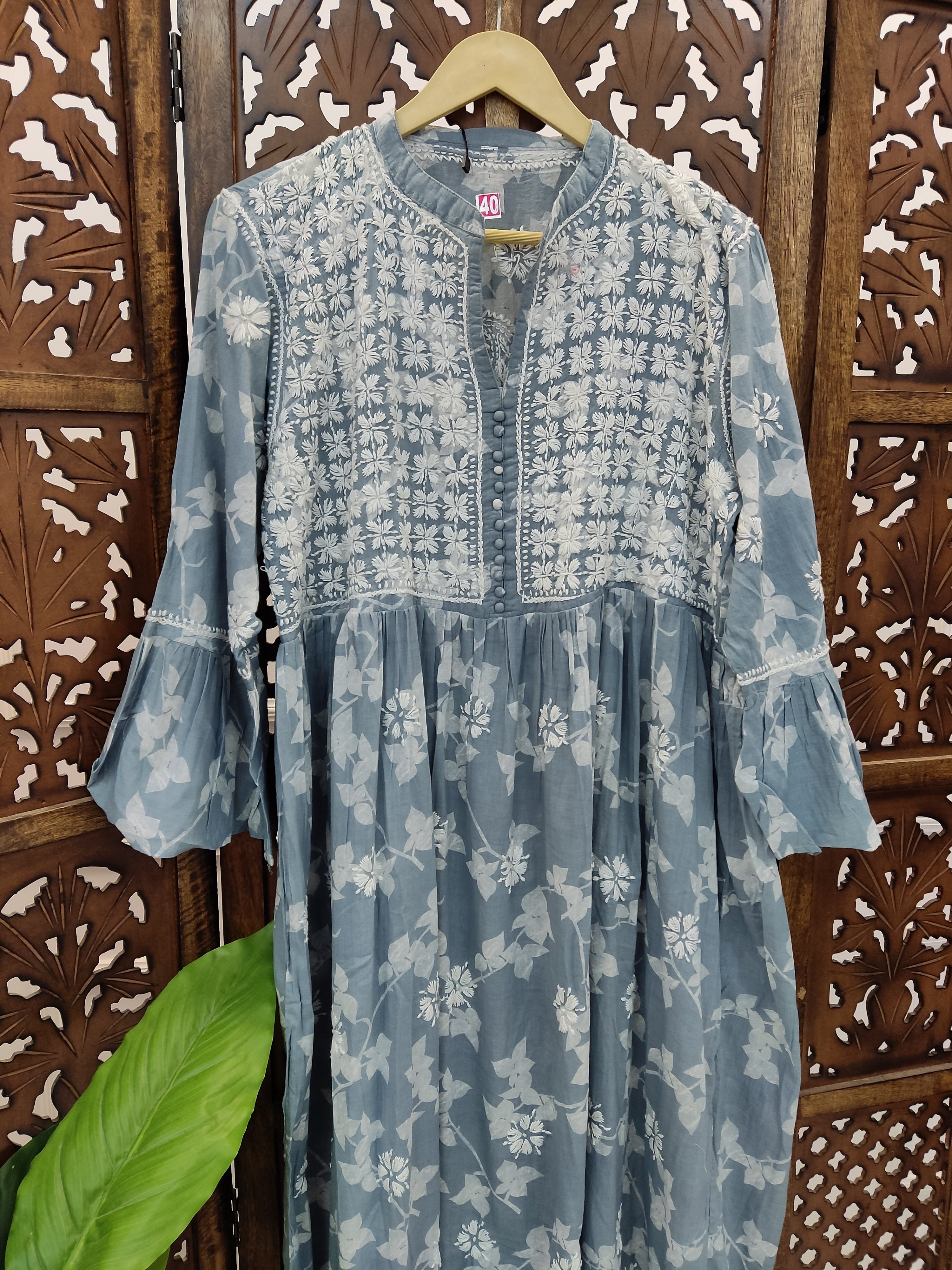 Grey Mulmul Printed Chikankari Kurti