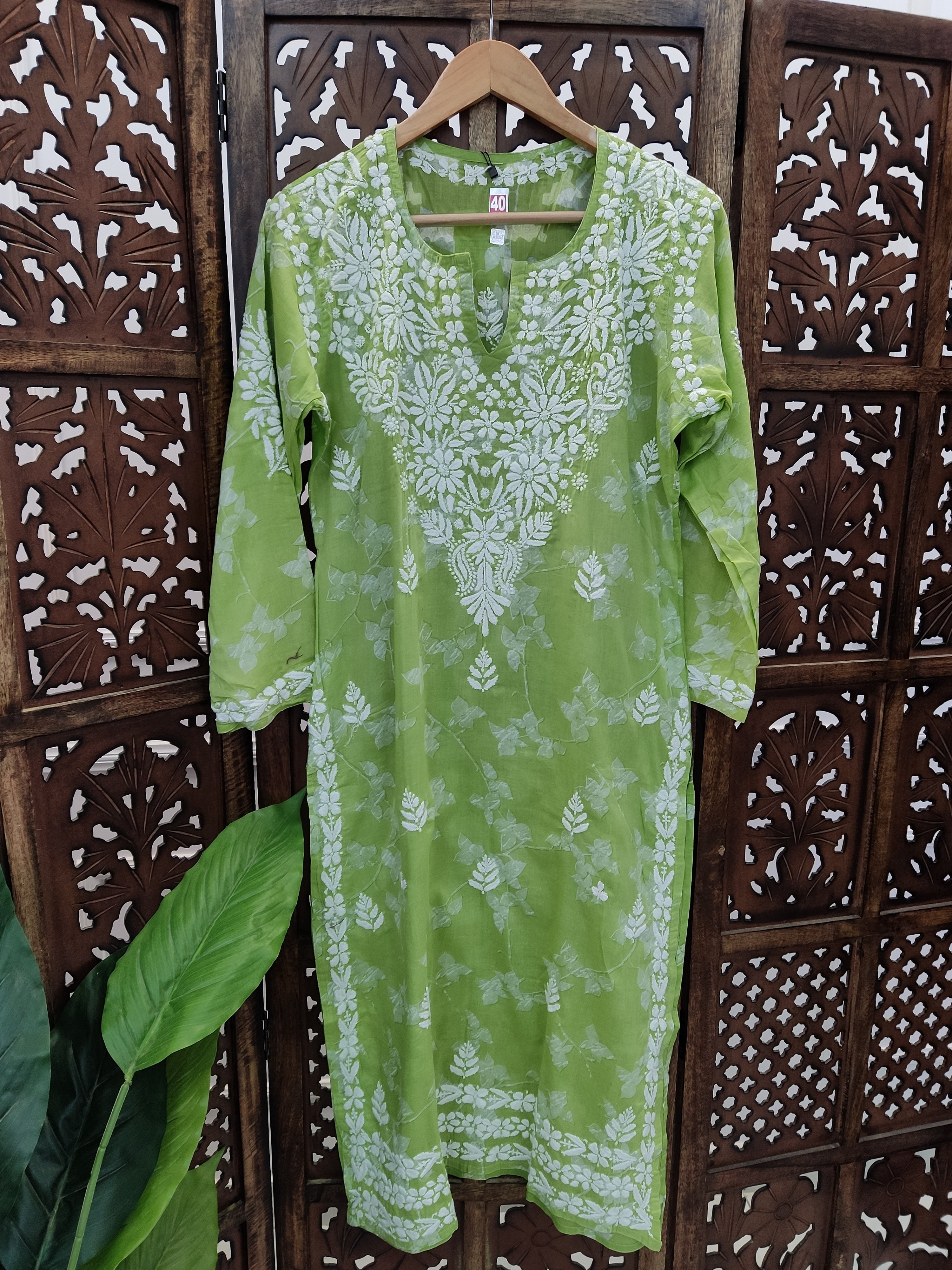 Pista Green Mulmul Printed Chikankari Straight Kurti