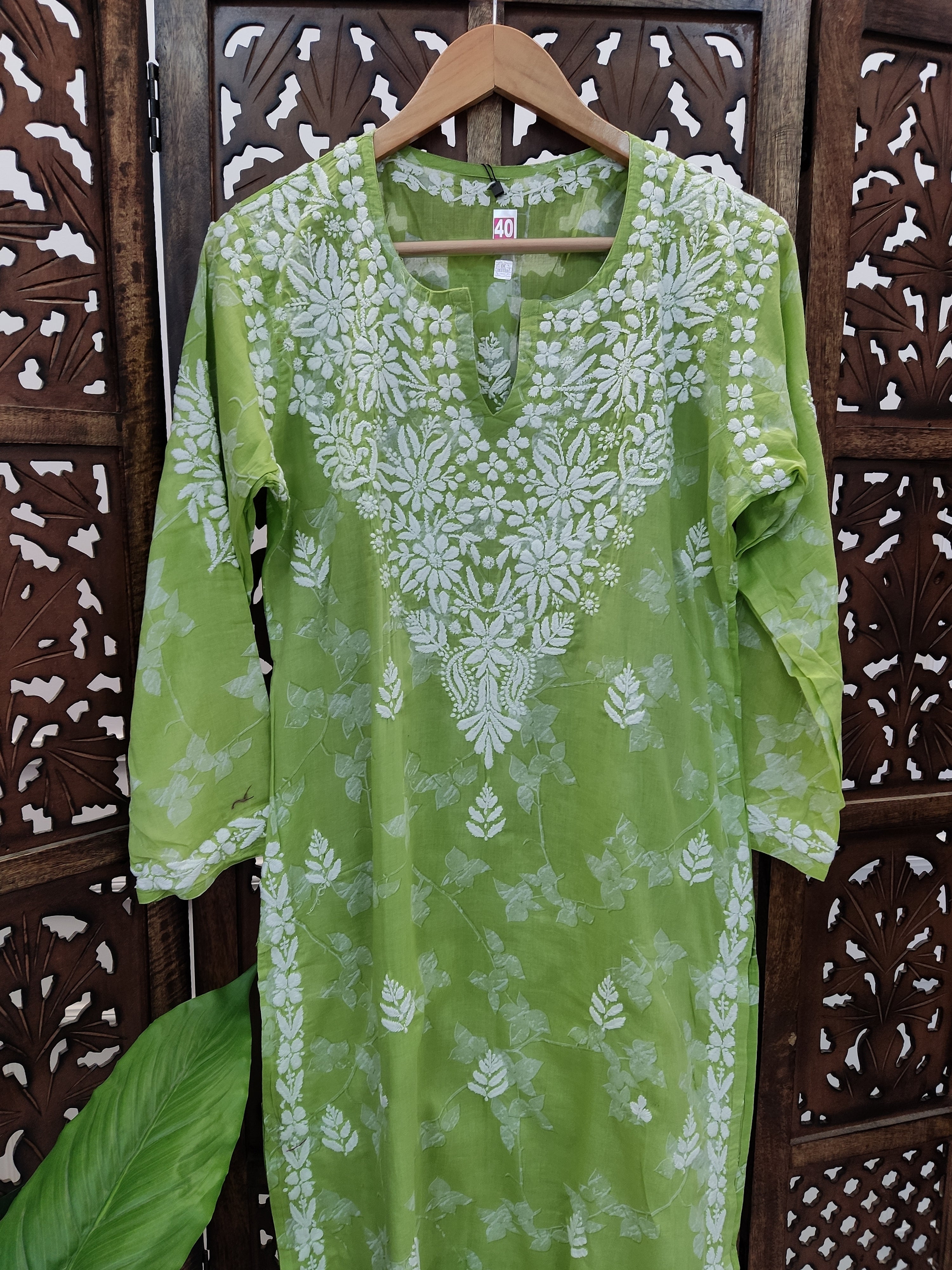 Pista Green Mulmul Printed Chikankari Straight Kurti