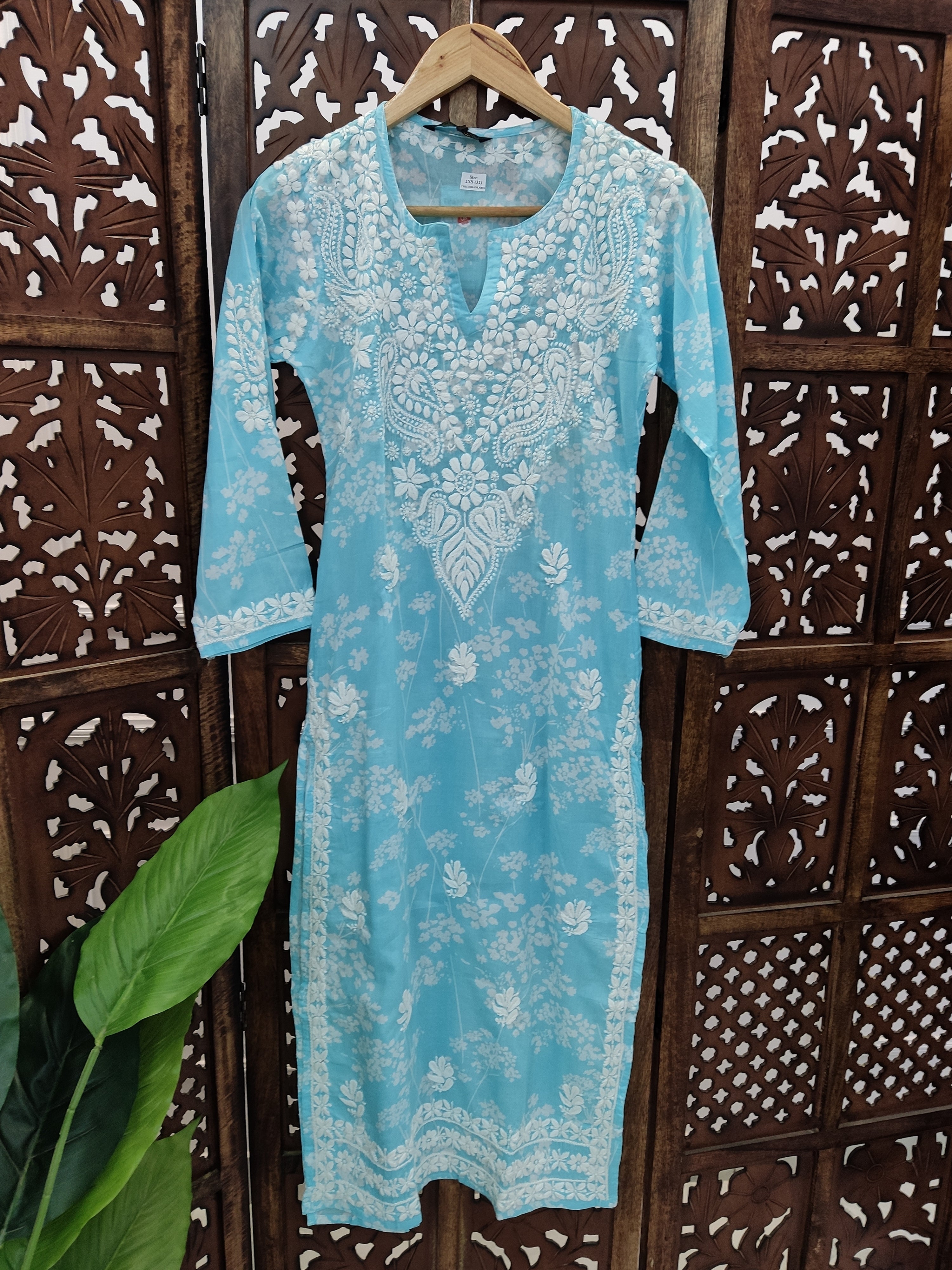 Sky Blue Mulmul Printed Chikankari Straight Kurti