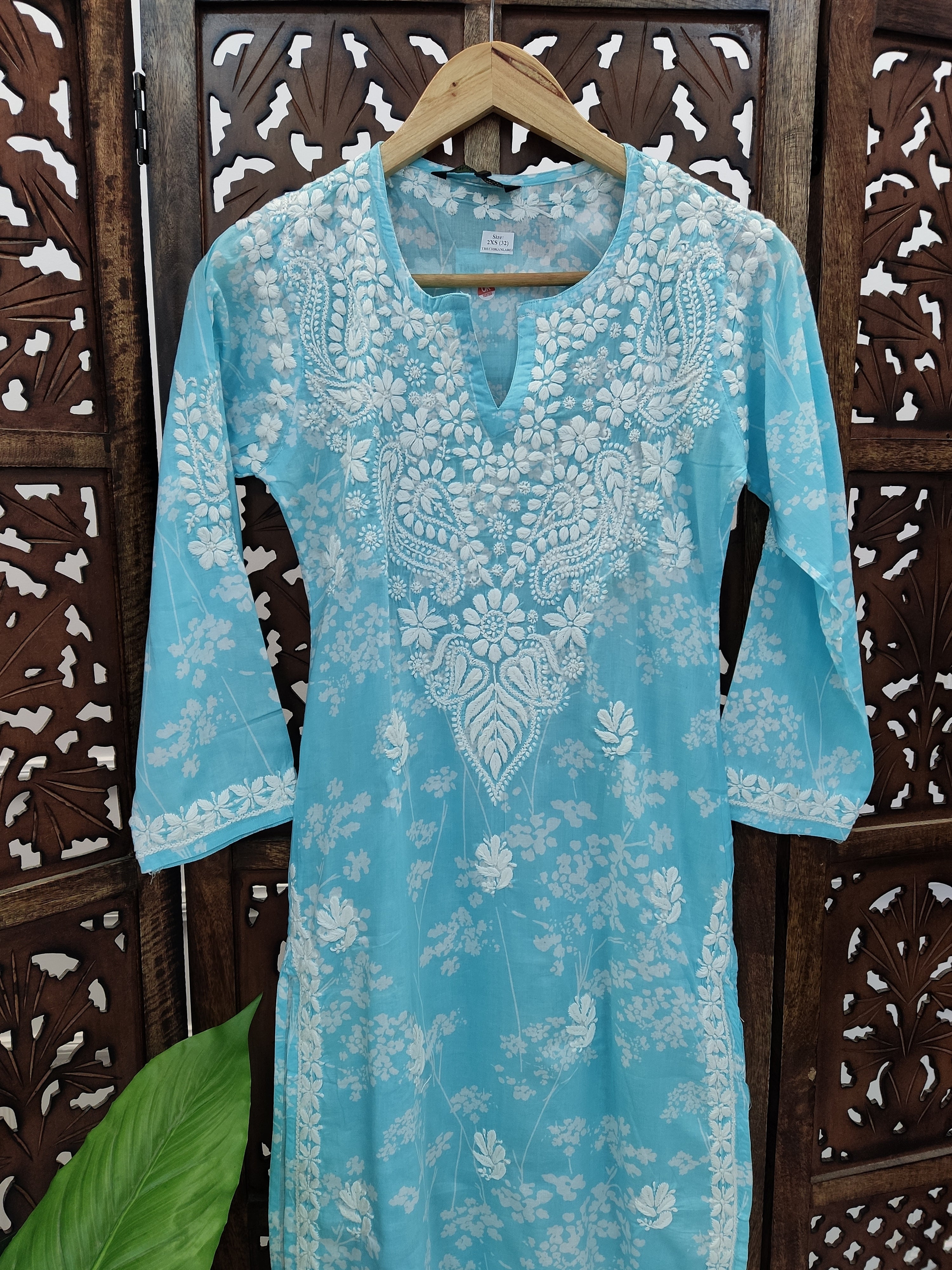 Sky Blue Mulmul Printed Chikankari Straight Kurti