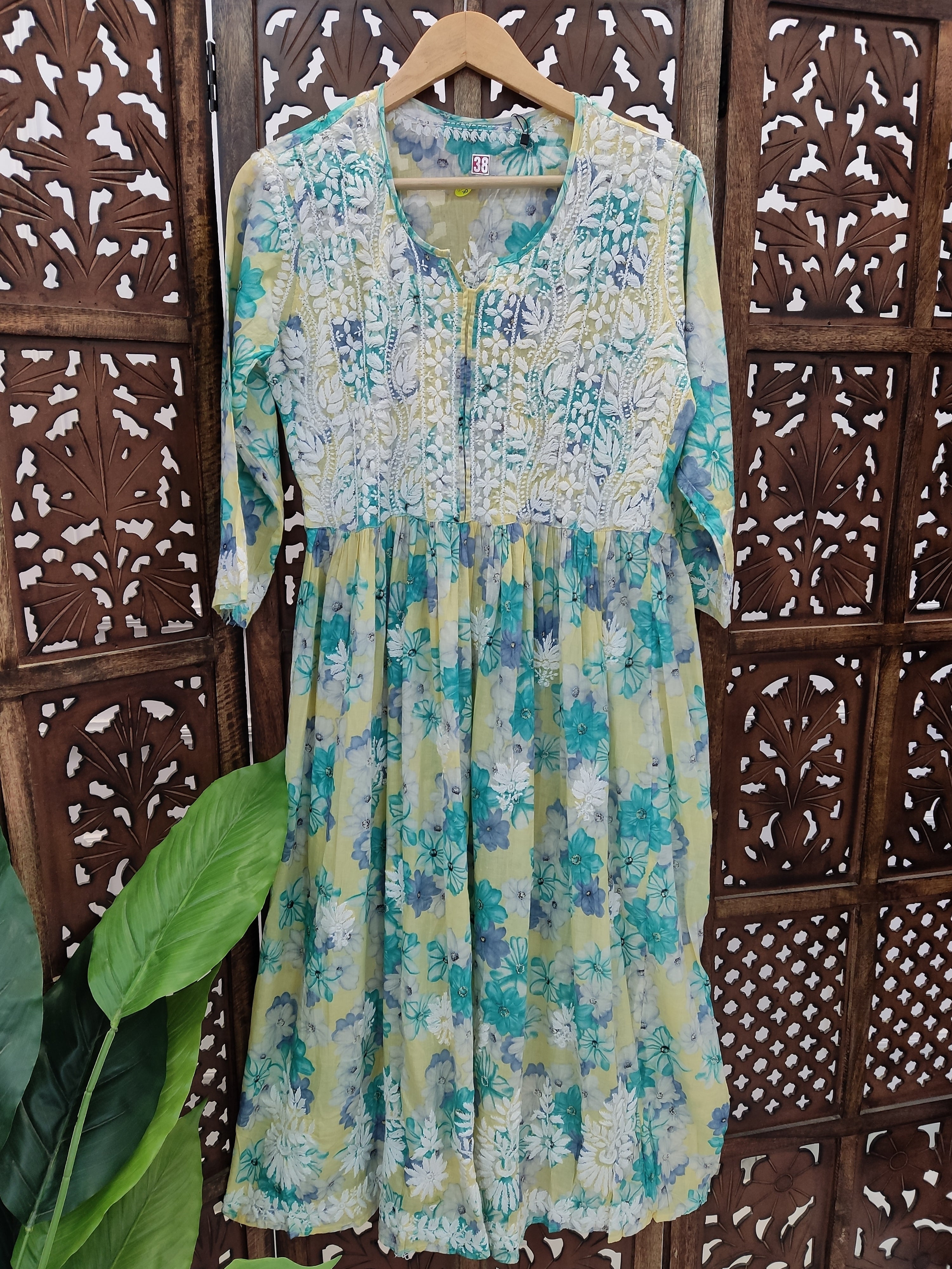 Yellow Mulmul Printed Chikankari A-Line Kurti