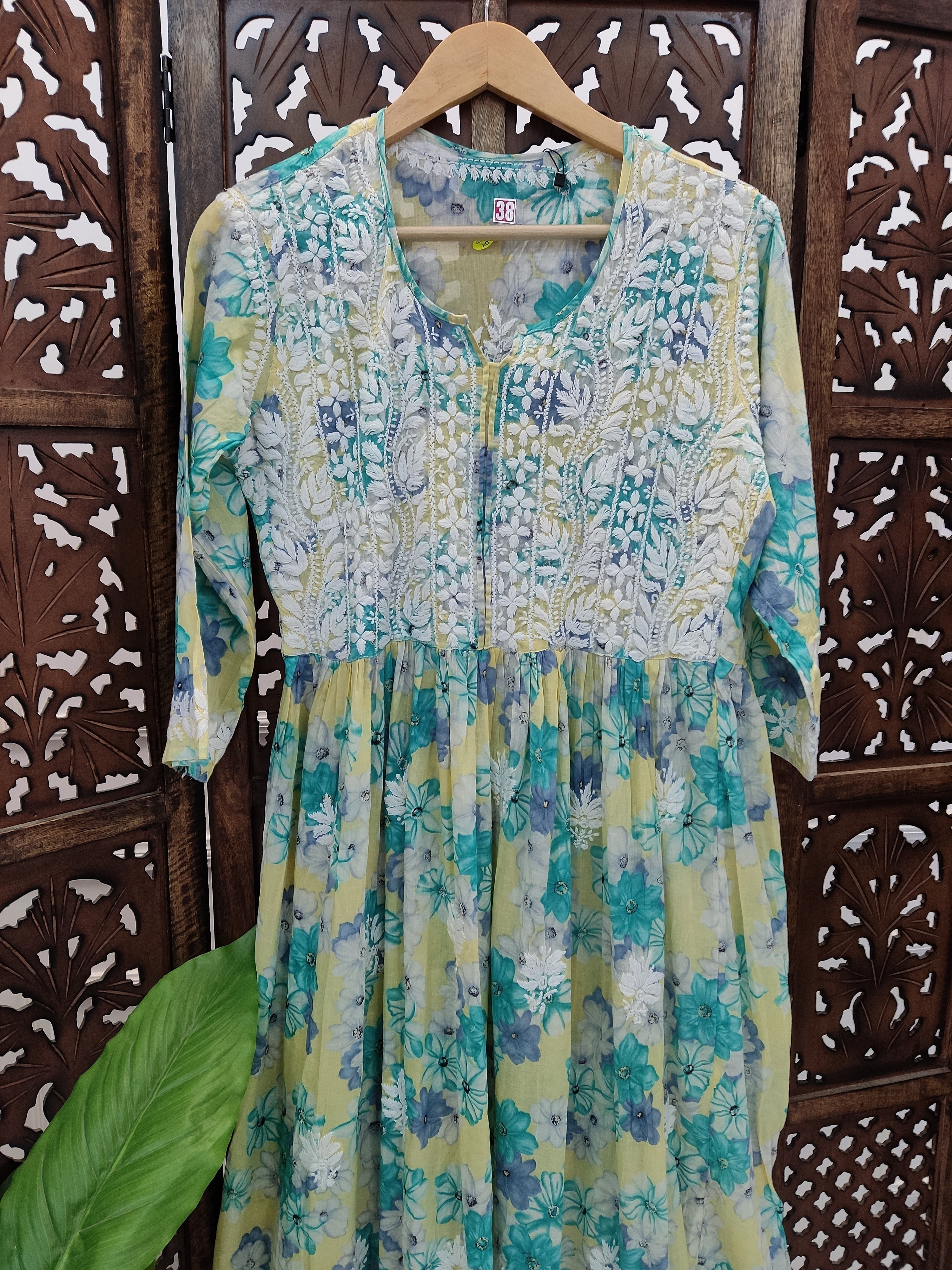 Yellow Mulmul Printed Chikankari A-Line Kurti