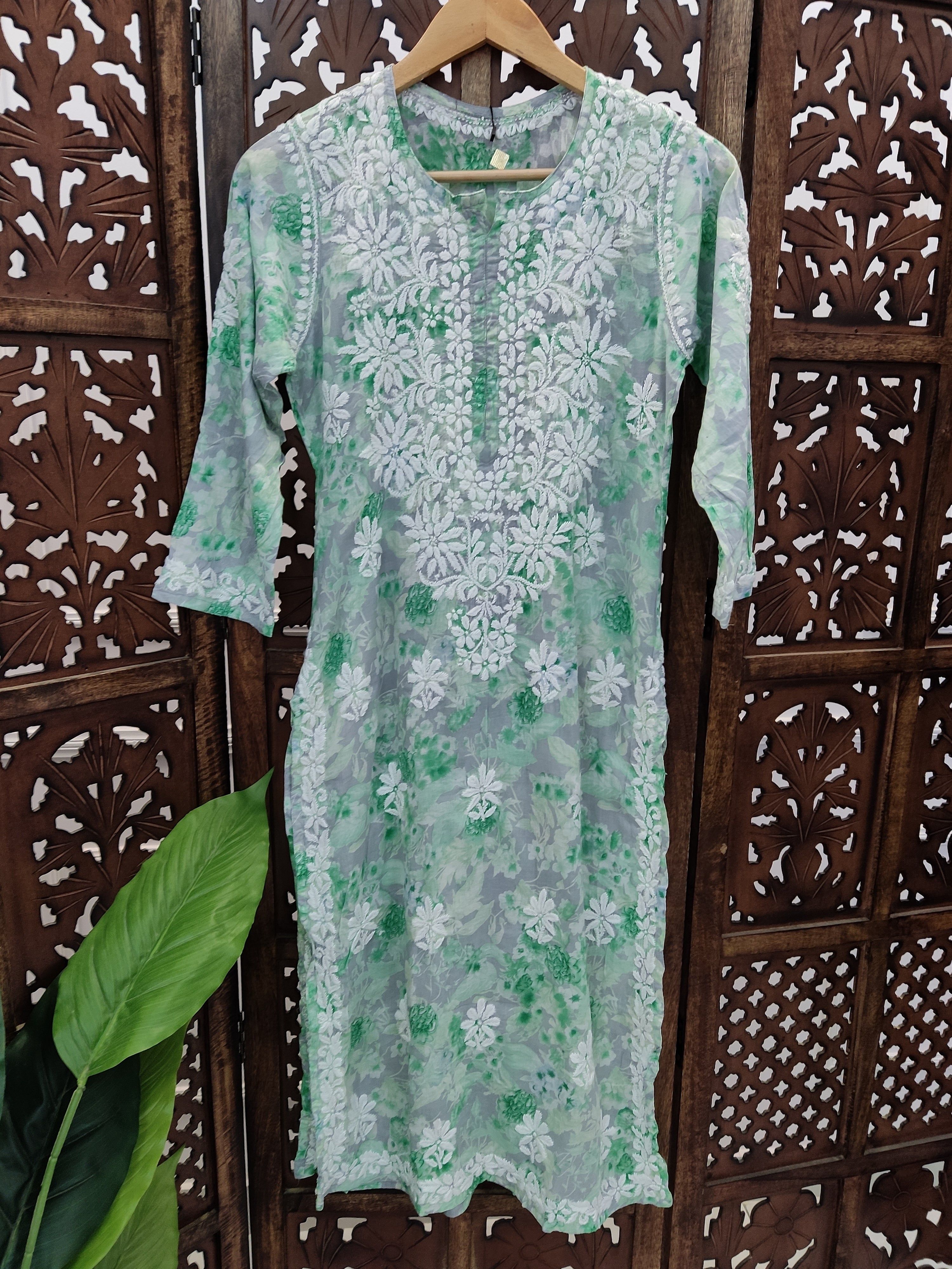 Green Mulmul Printed Chikankari Straight Kurti