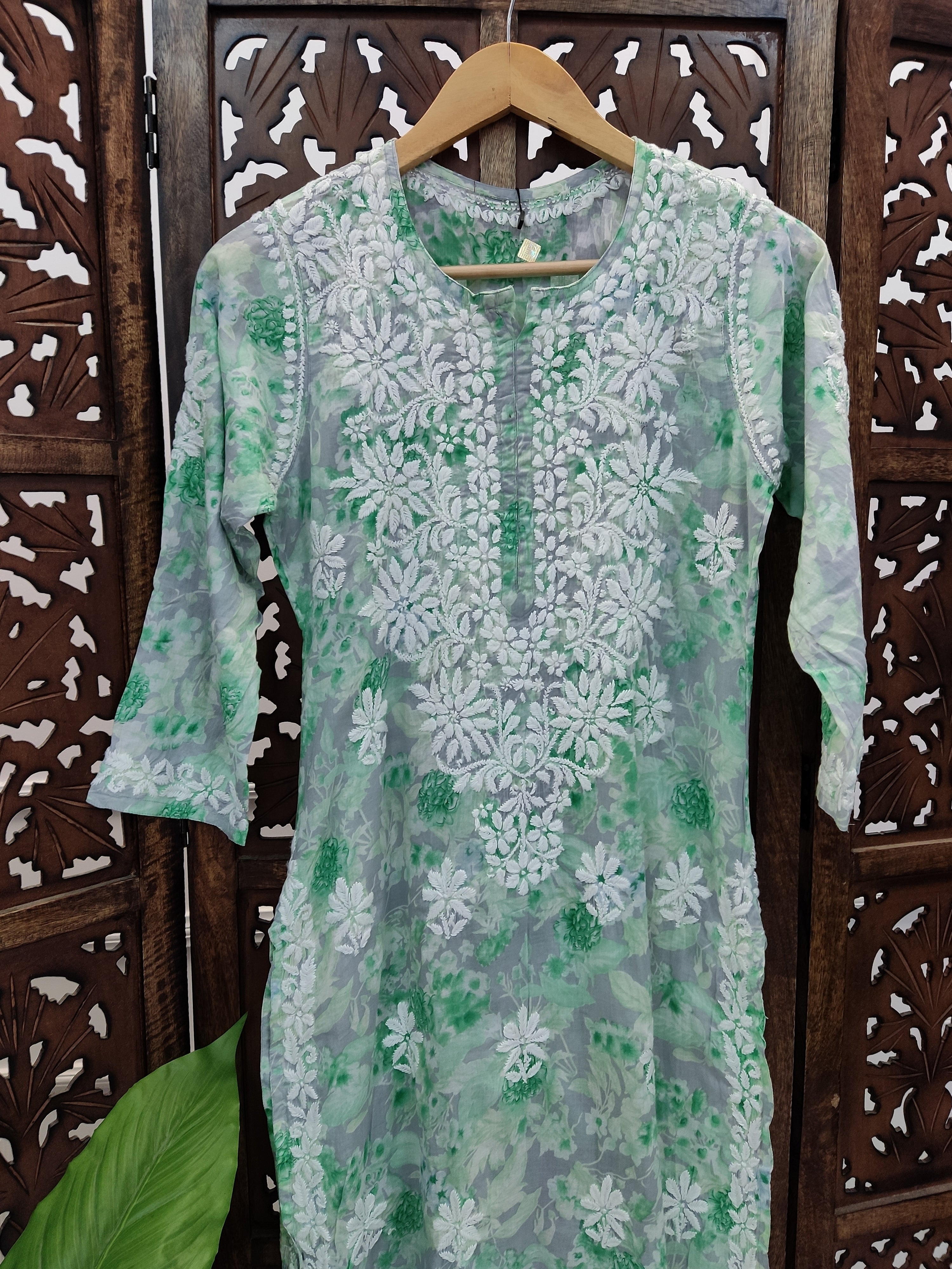 Green Mulmul Printed Chikankari Straight Kurti