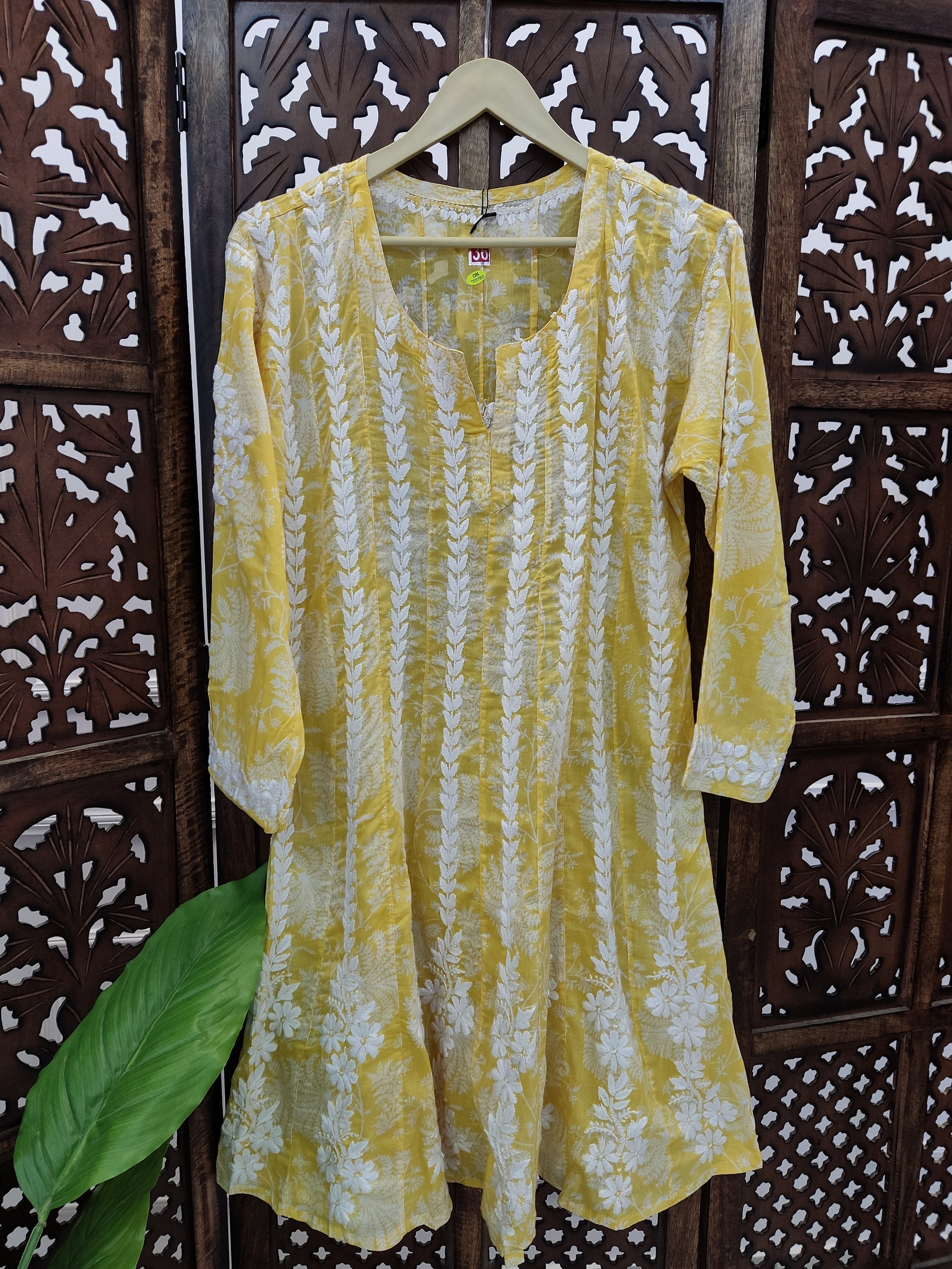 Yellow Mulmul Printed Chikankari Short Anarkali