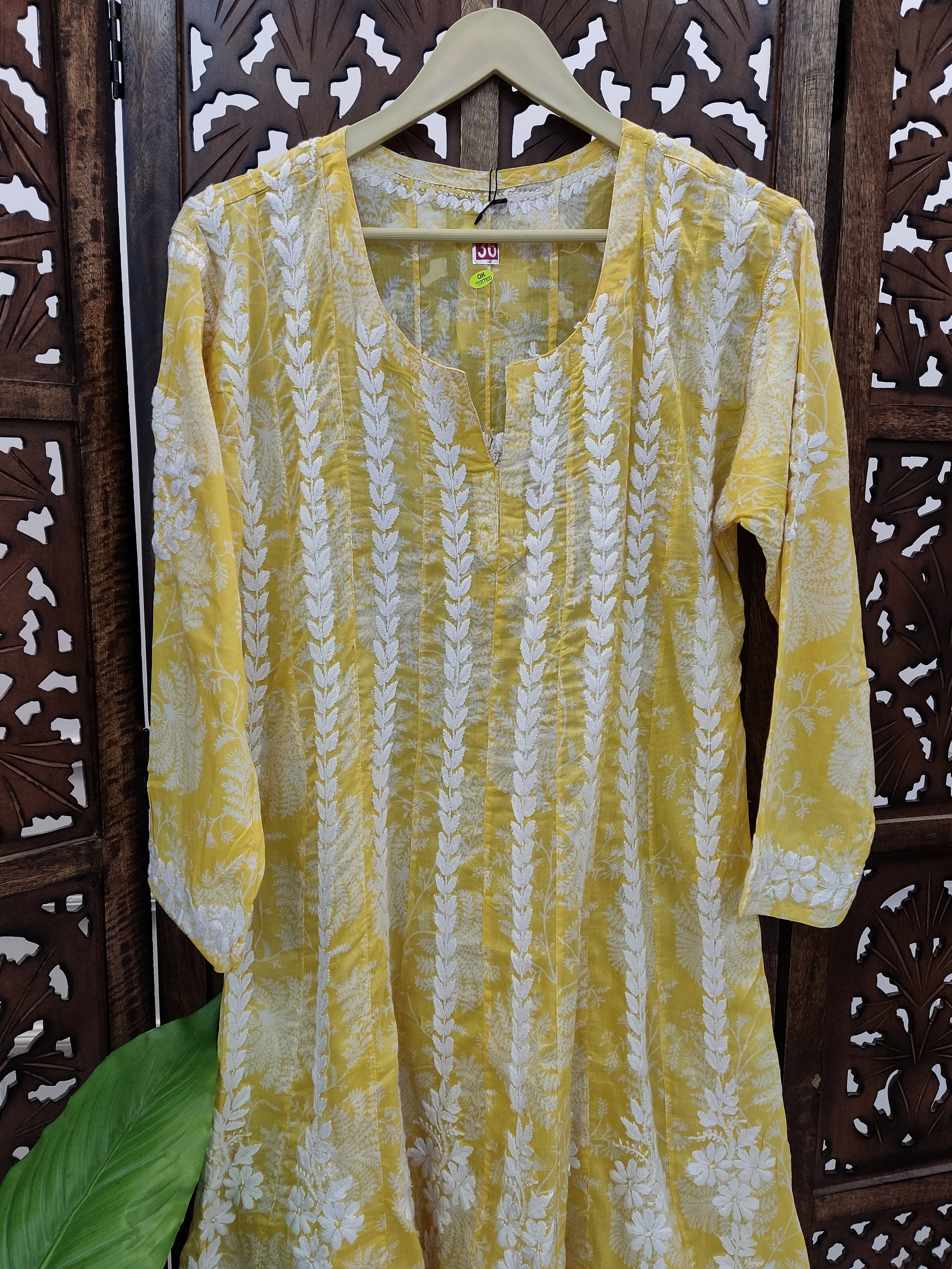 Yellow Mulmul Printed Chikankari Short Anarkali