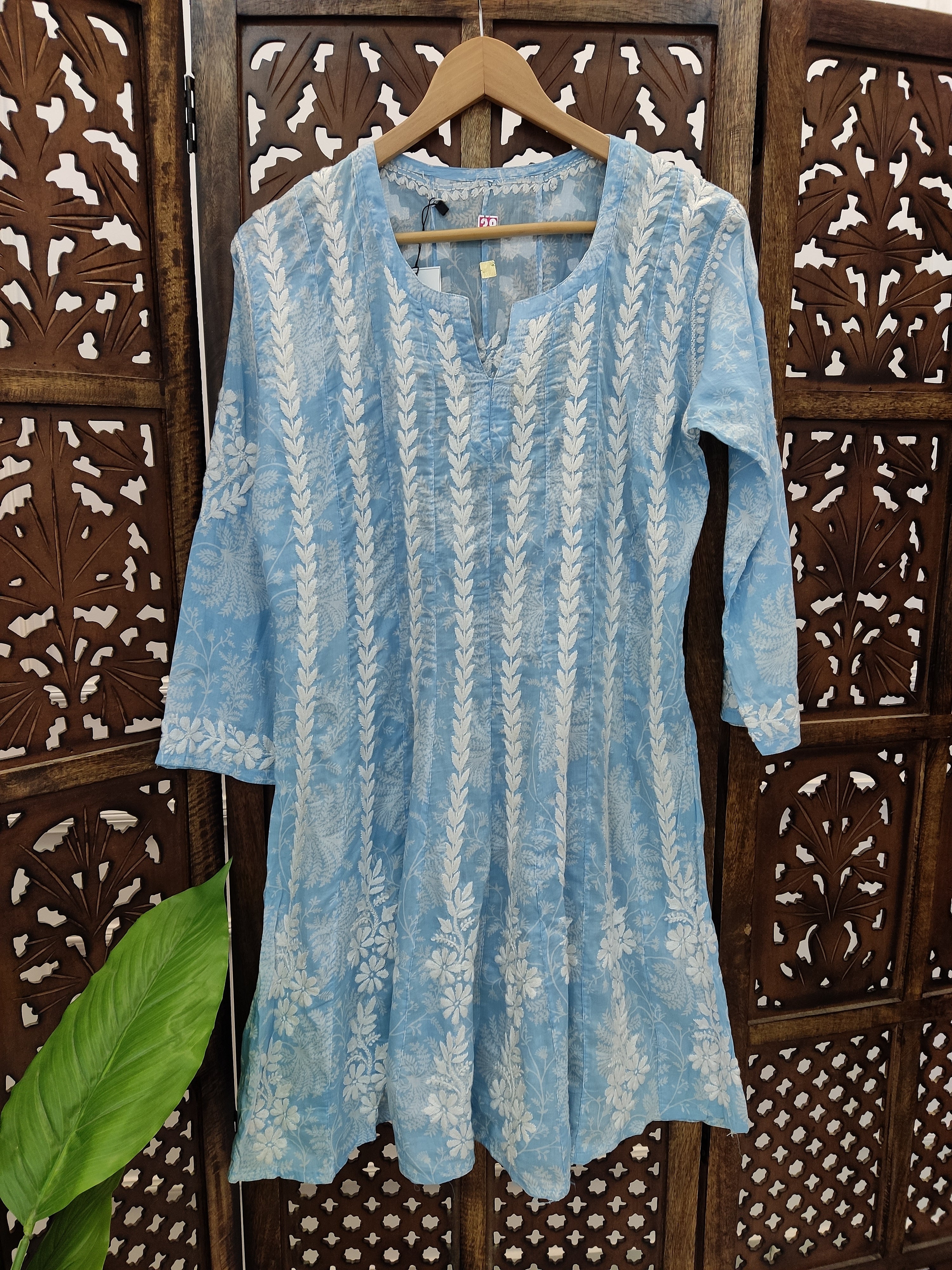 Sky Blue Mulmul Printed Chikankari Short Anarkali