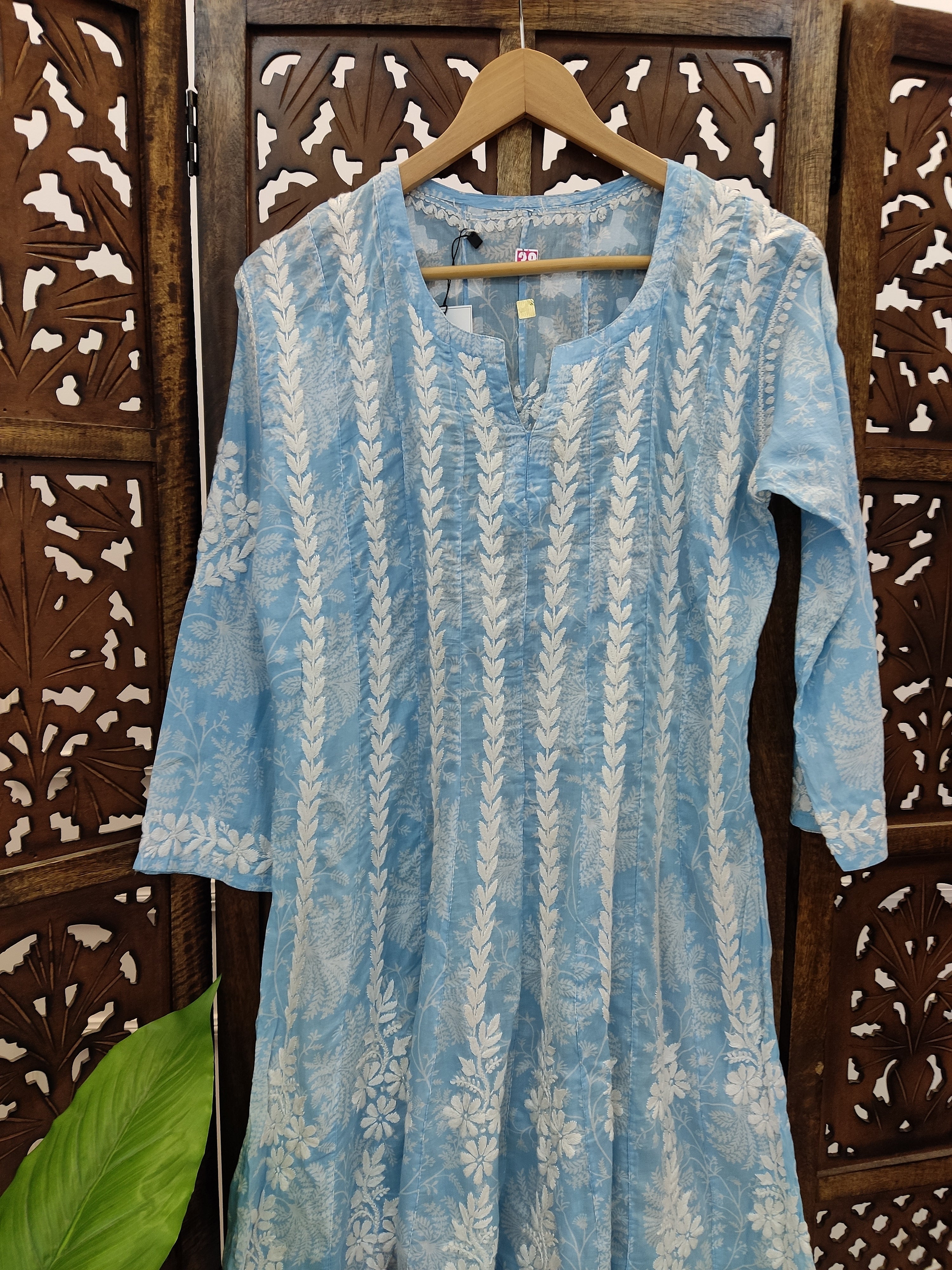 Sky Blue Mulmul Printed Chikankari Short Anarkali