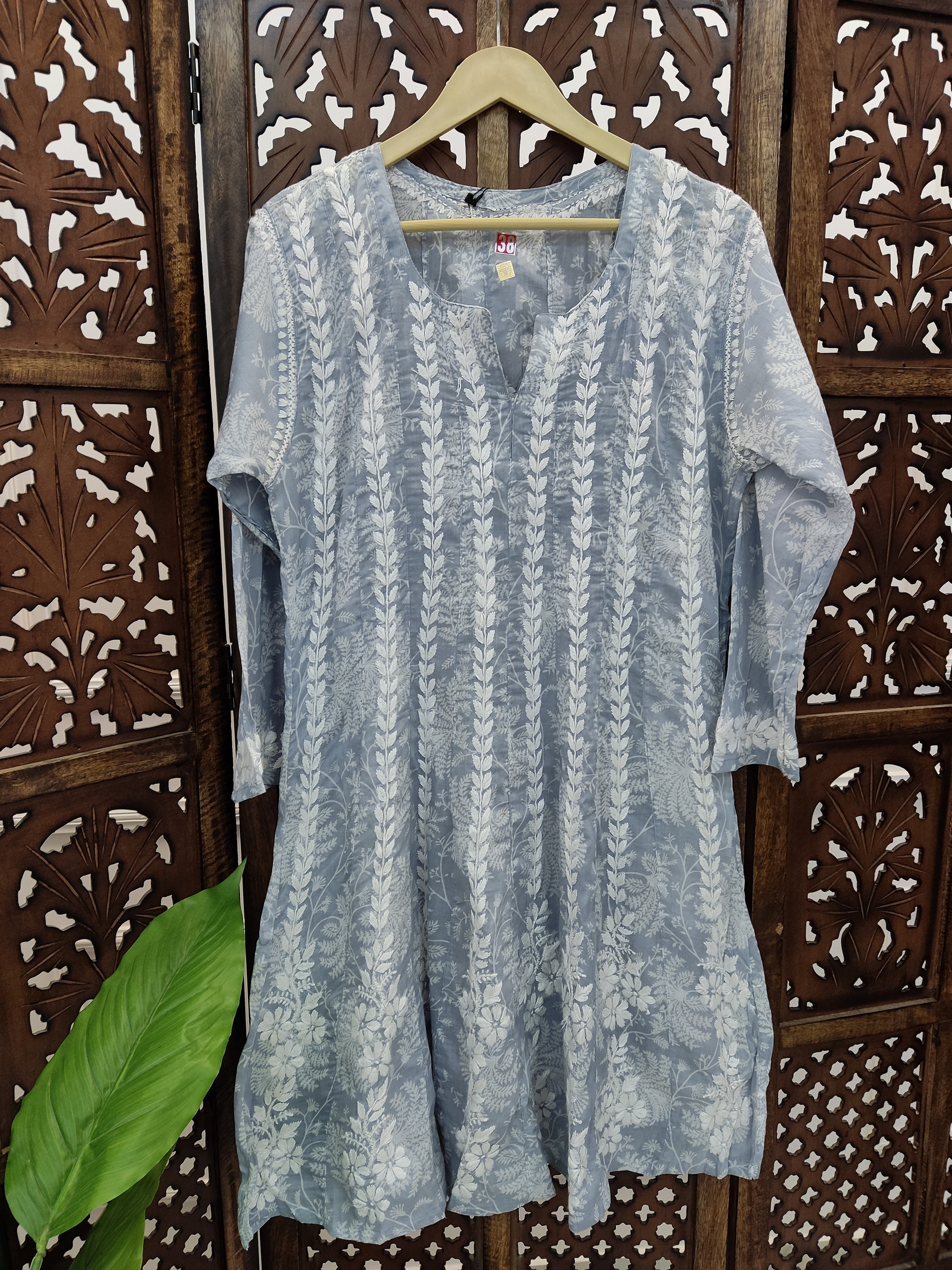 Grey Mulmul Printed Chikankari Short Anarkali