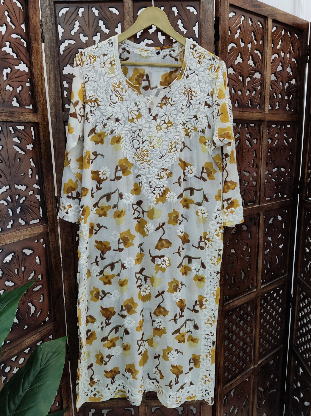 Yellow Mulmul Printed Chikankari Straight Kurti