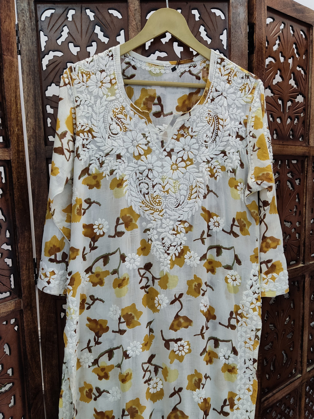 Yellow Mulmul Printed Chikankari Straight Kurti