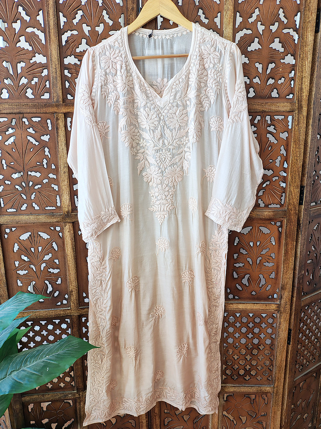 Beige Muslin Chikankari Straight Kurti