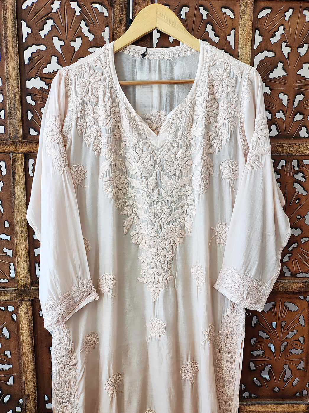 Beige Muslin Chikankari Straight Kurti