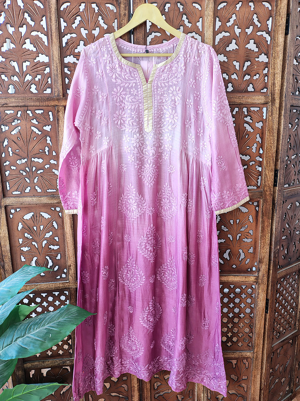 Pink Chanderi Chikankari Kurti