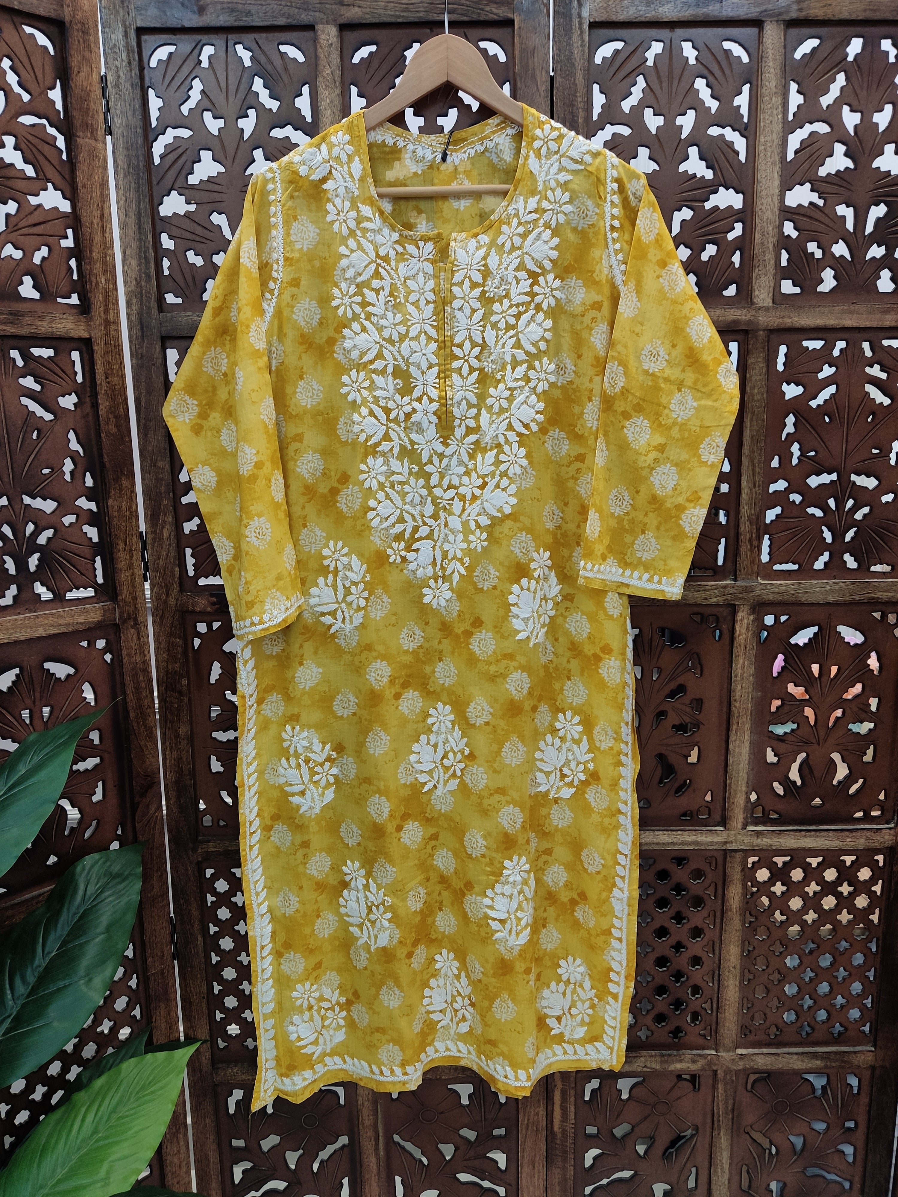 Yellow Cotton Chikankari Straight Kurti