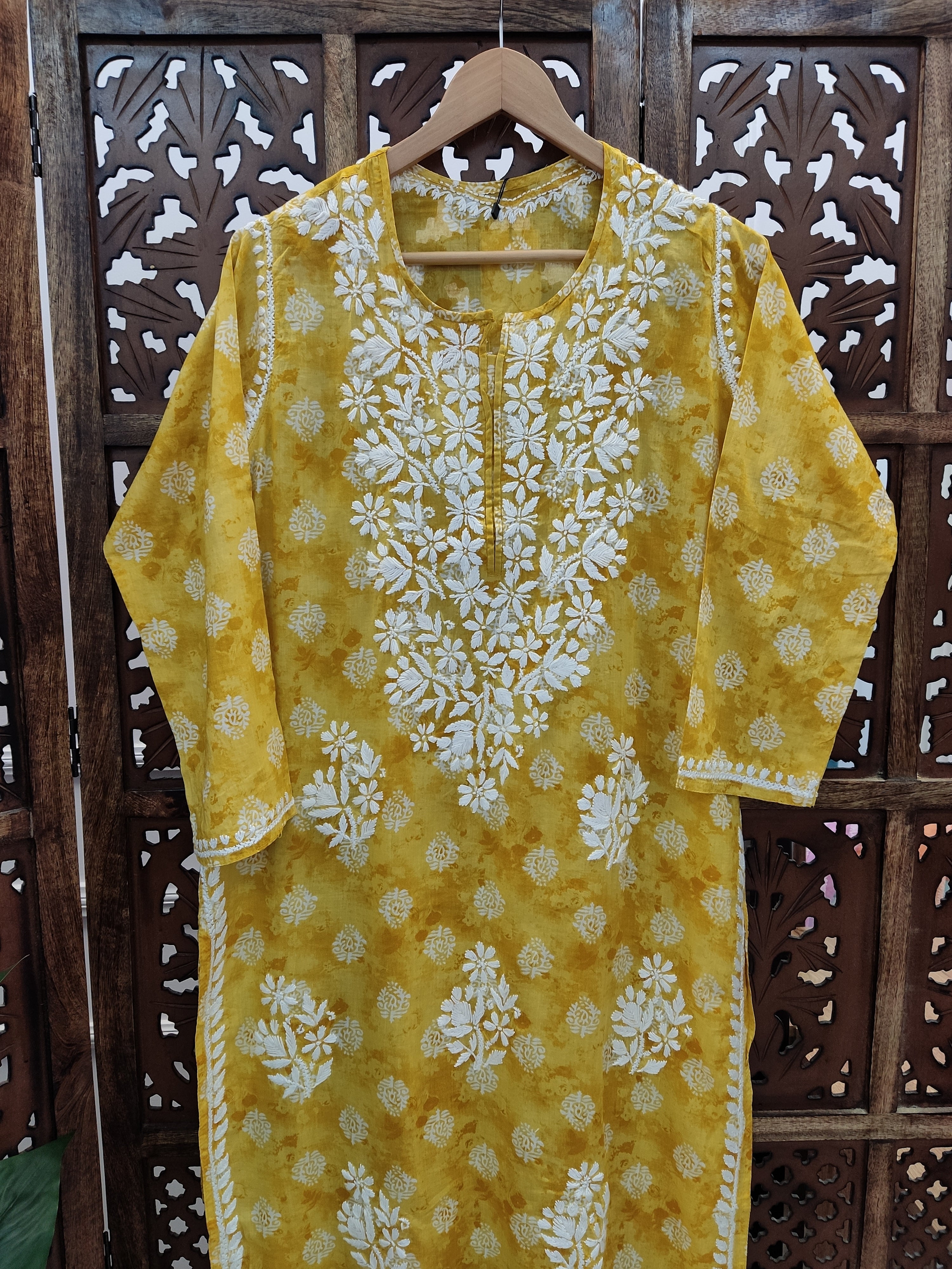 Yellow Cotton Chikankari Straight Kurti