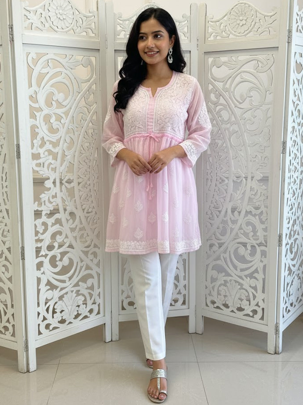 Baby Pink Georgette Chikankari Tunic Top