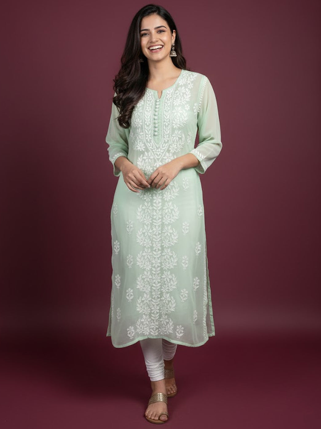 Pista Green Georgette Chikankari Straight Kurti