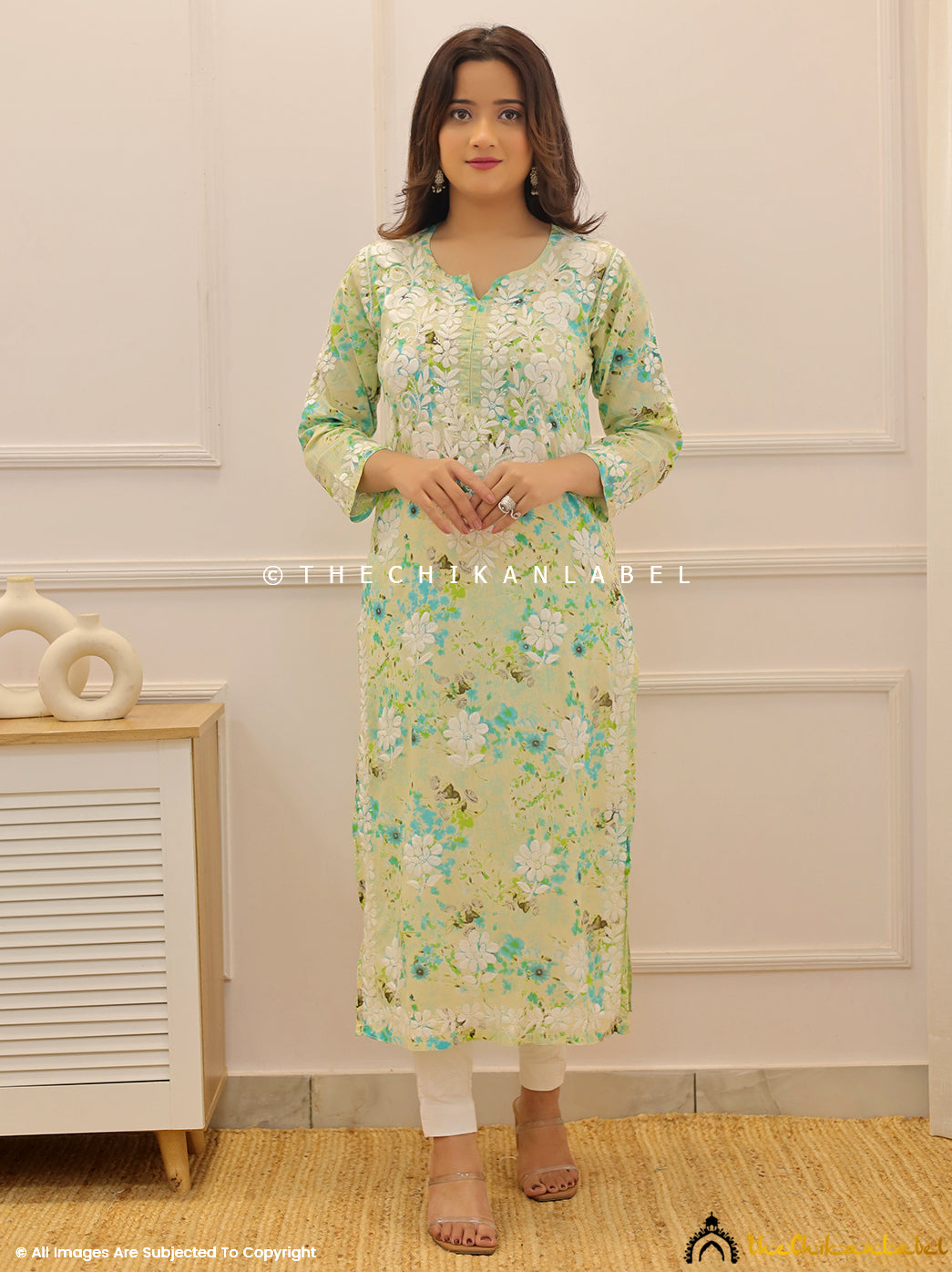 Green Dhita Mulmul Printed Chikankari Straight Kurti