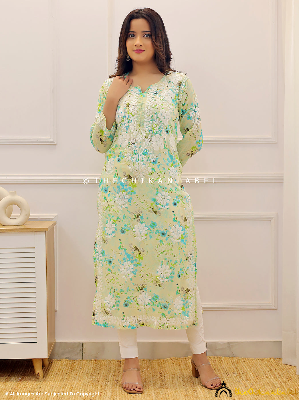 Green Dhita Mulmul Printed Chikankari Straight Kurti