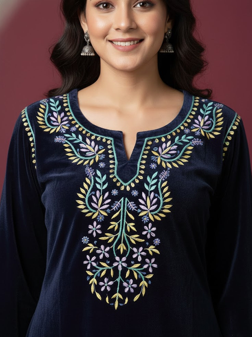 Zehra Velvet Chikankari Straight Kurti - Blue