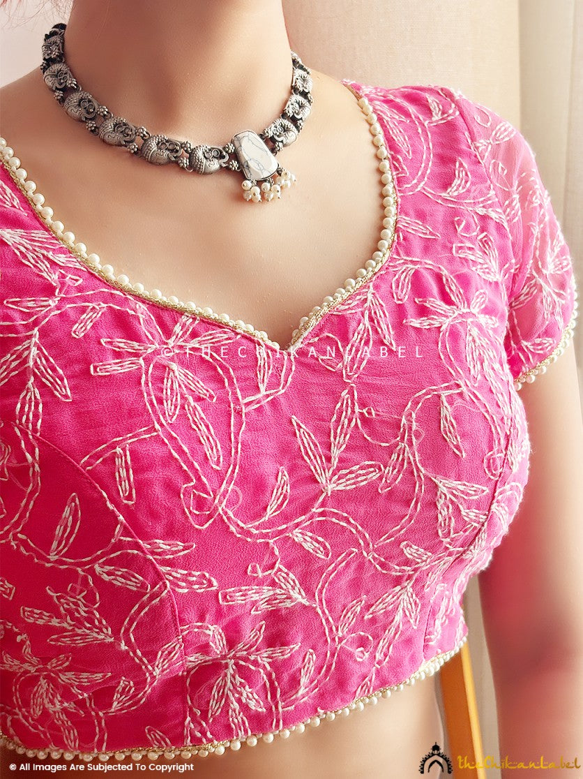Pink Georgette Chikankari Blouse For Lucknowi Chikan Sarees