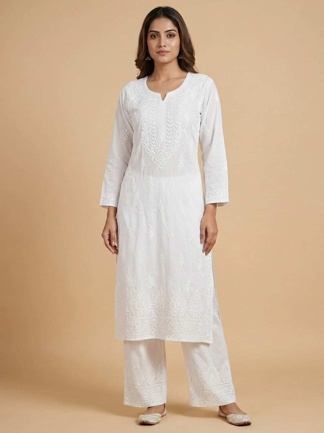 Aabida Mulmul Chikankari Straight Kurti- White