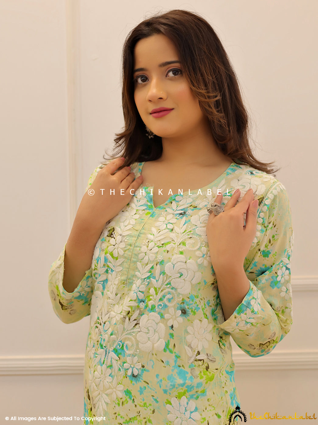 Green Dhita Mulmul Printed Chikankari Straight Kurti