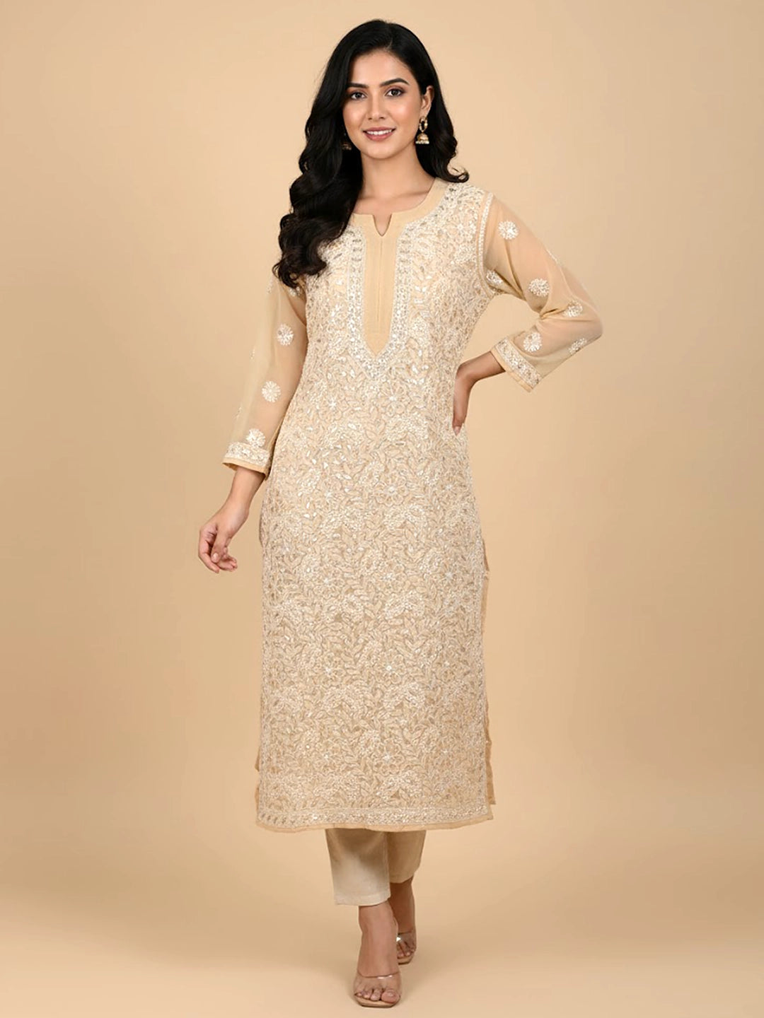 Beige Georgette Chikankari Straight Kurti