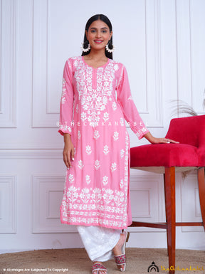 Peach Nagma Modal Chikankari Straight Kurti