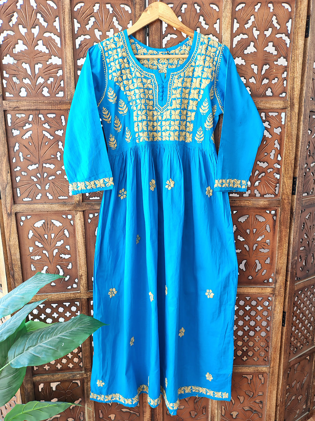 Blue Cotton Chikankari Anarkali Kurti