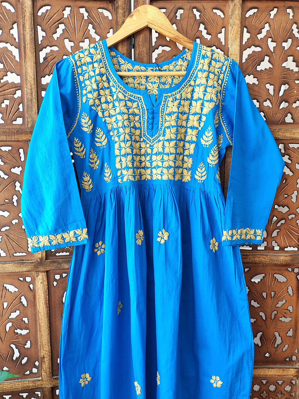 Blue Cotton Chikankari Anarkali Kurti