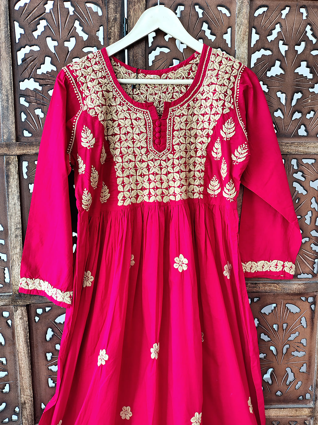 Red Cotton Chikankari Anarkali Kurti