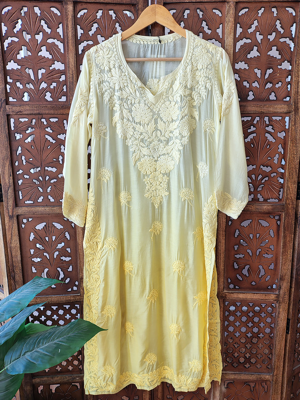 Yellow Muslin Chikankari Straight Kurti