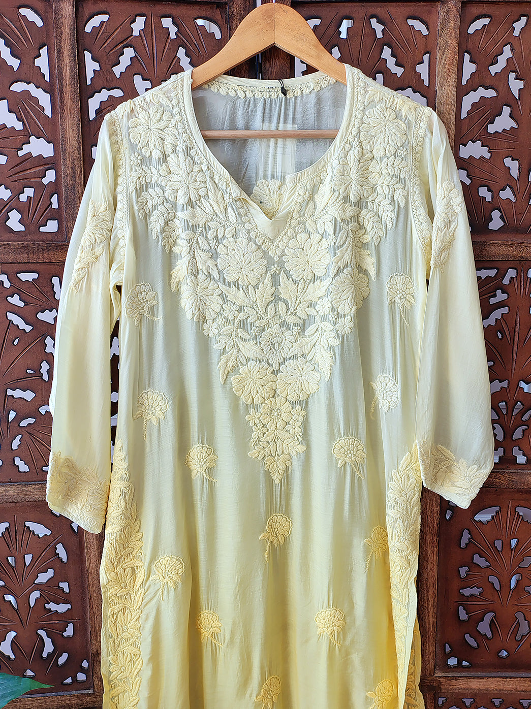 Yellow Muslin Chikankari Straight Kurti