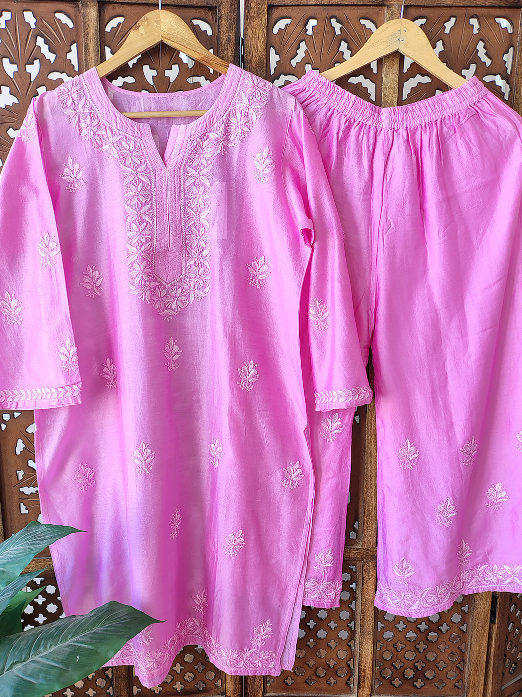 Pink Chanderi Chikankari Kurti Palazzo Set