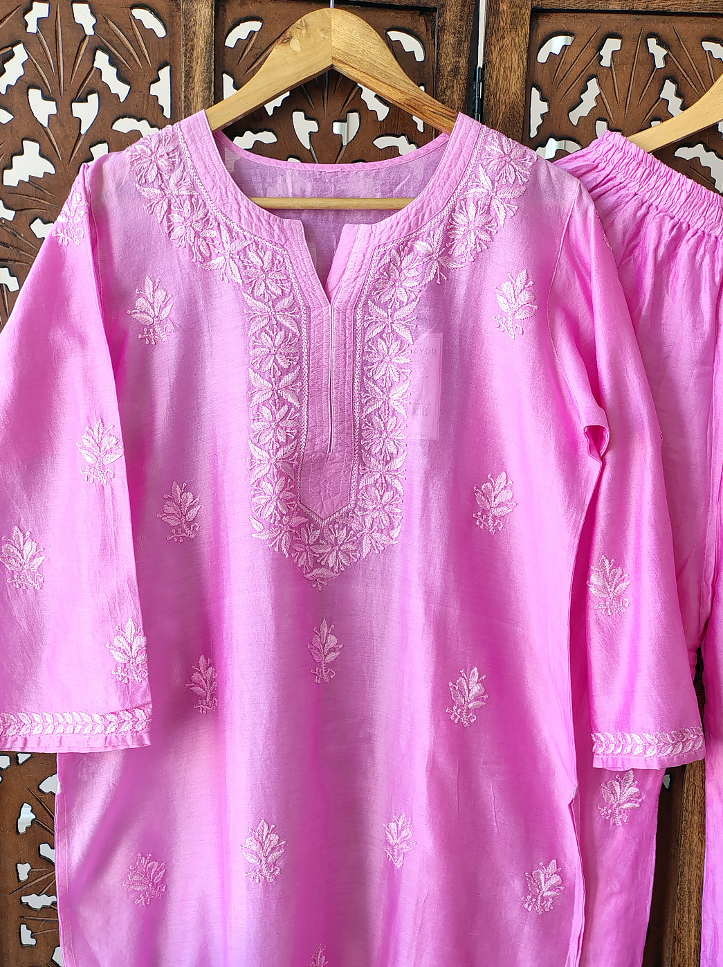 Pink Chanderi Chikankari Kurti Palazzo Set