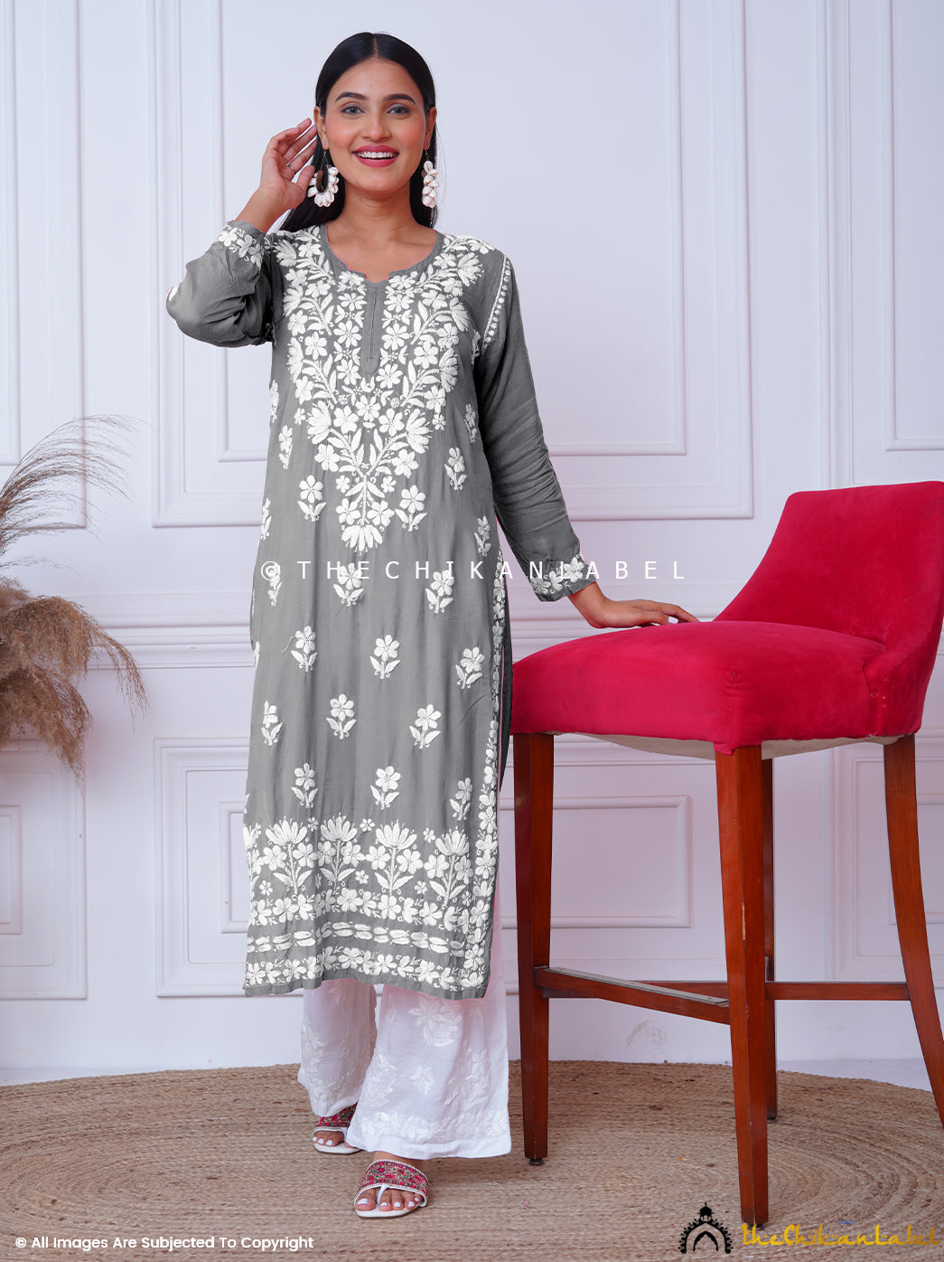 Grey Nagma Modal Chikankari Straight Kurti ,Chikankari Straight Kurti in Modal fabric For Woman