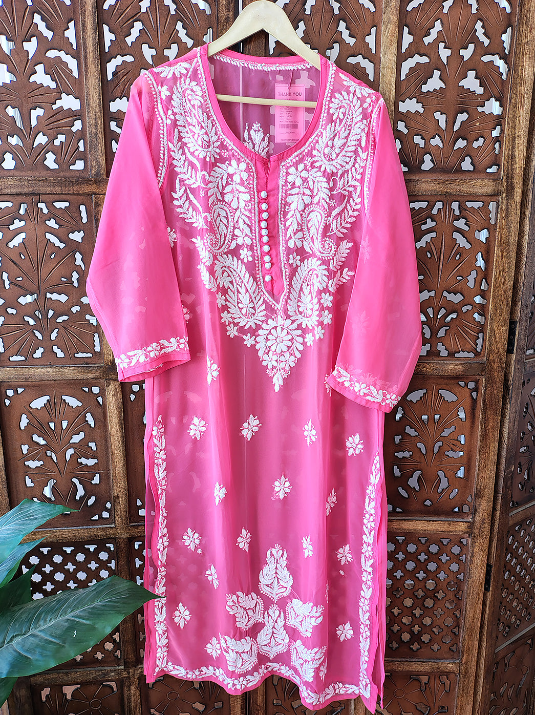 Peach Georgette Chikankari Straight Kurti