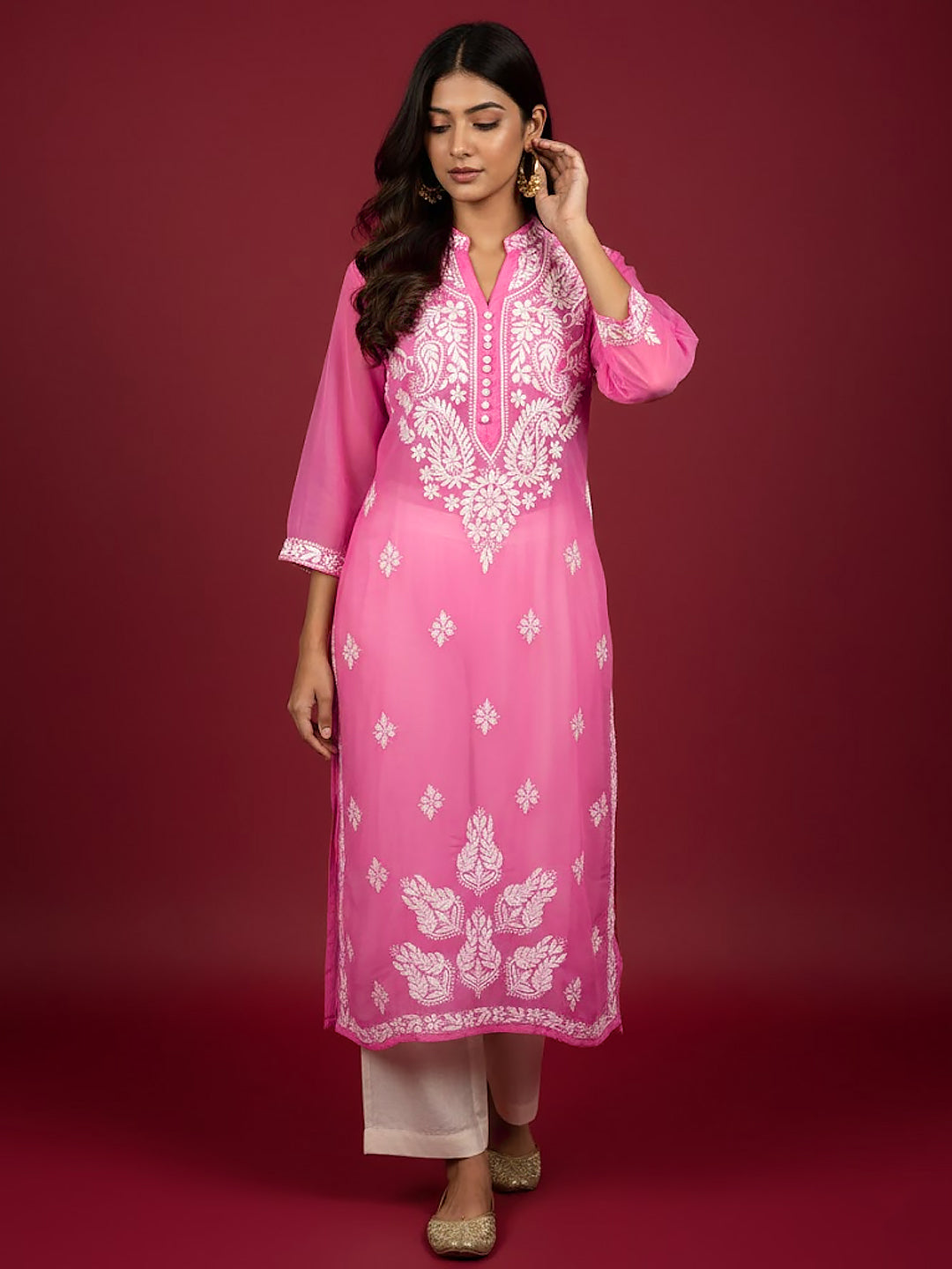 Peach Georgette Chikankari Straight Kurti
