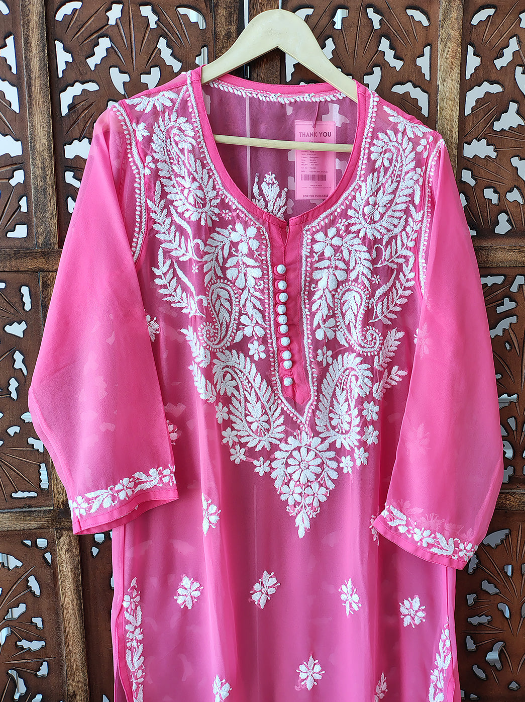 Peach Georgette Chikankari Straight Kurti