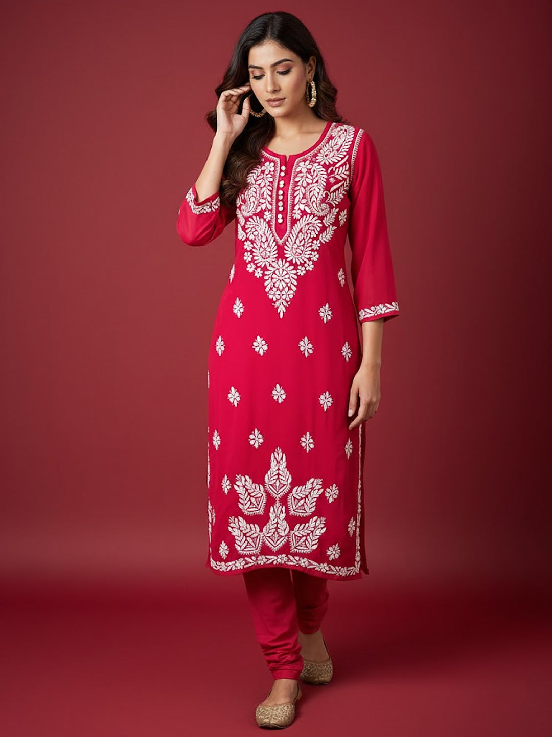 Red Georgette Chikankari Straight Kurti