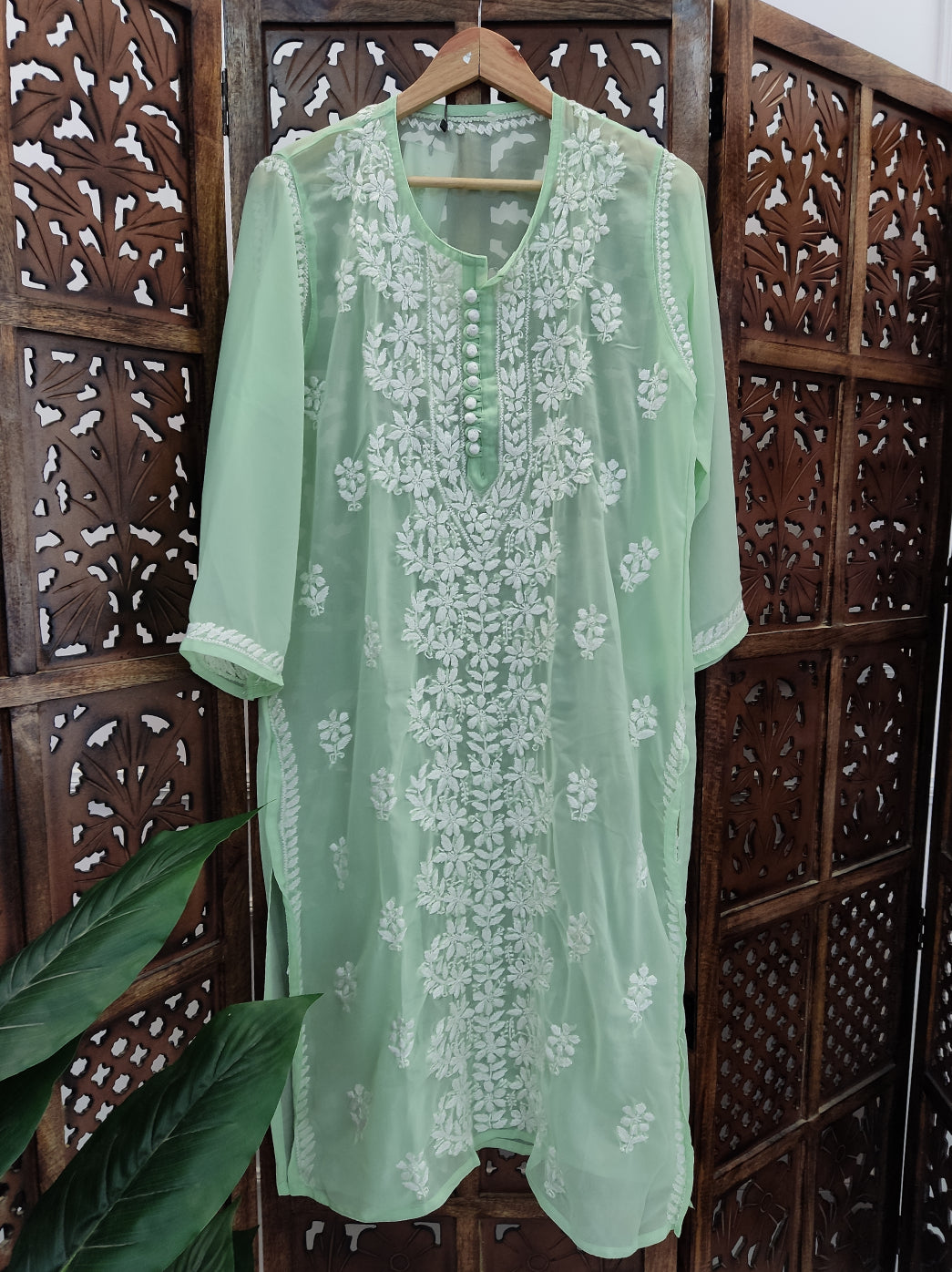 Pista Green Georgette Chikankari Straight Kurti